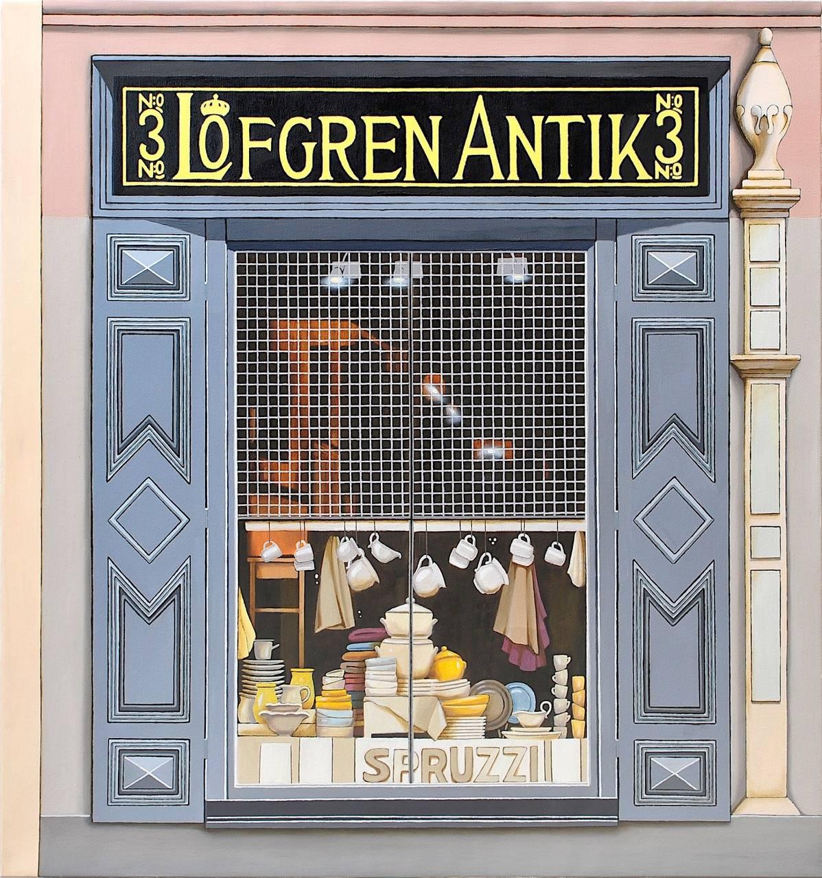 Lofgren Antique Window Display Oil On Canvas - Painting by Marta Mezynska