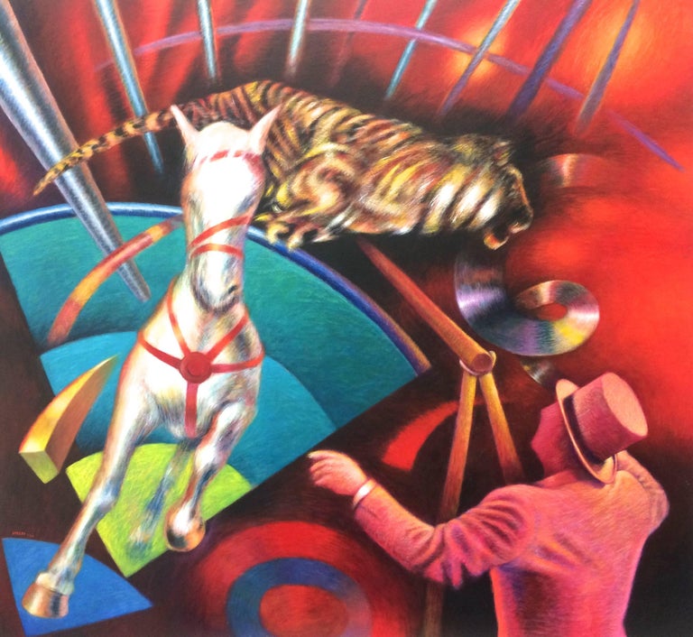  Tiger Jump Large Oil Painting - Black Figurative Painting by Carlos Aresti