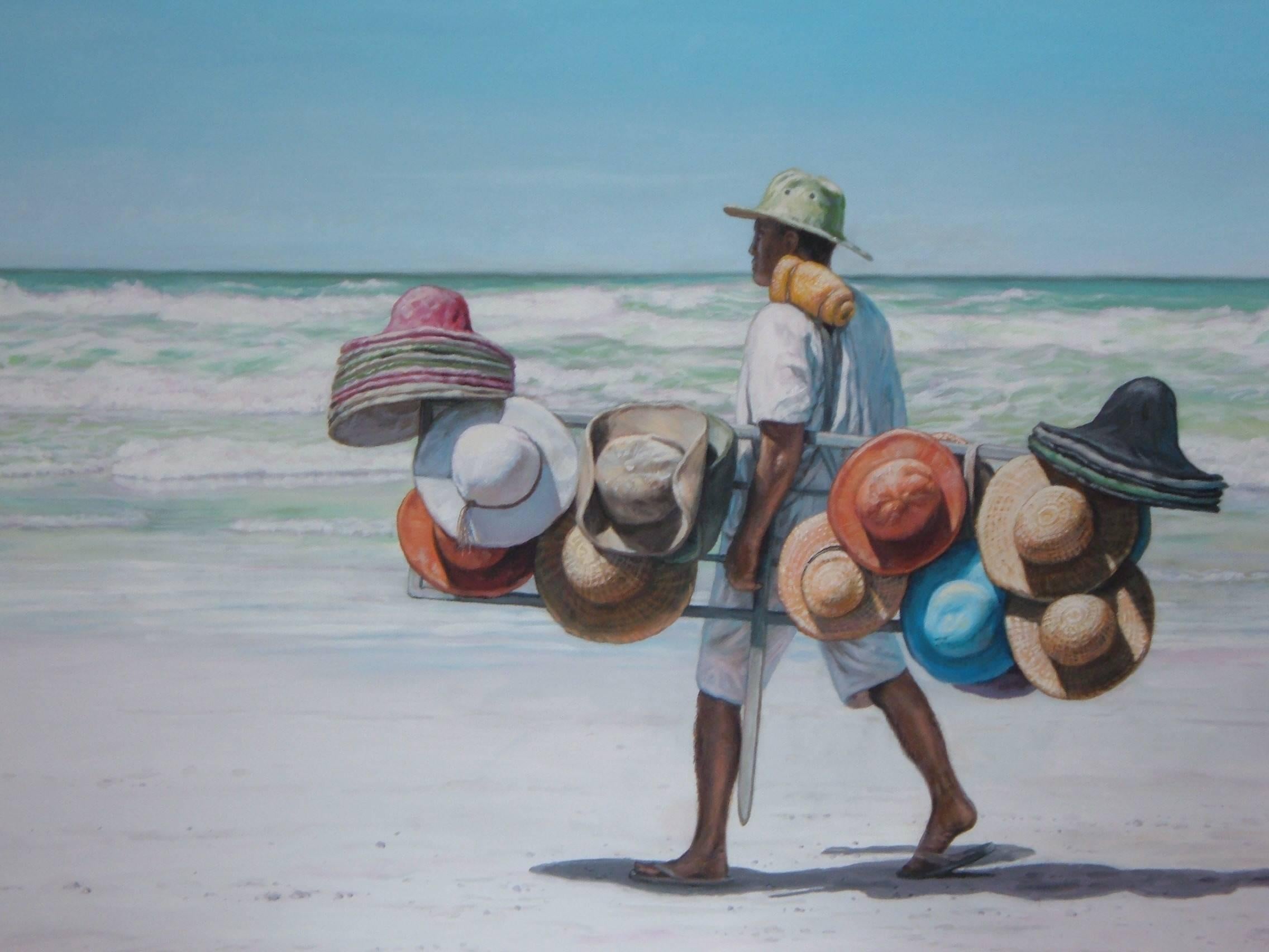 David Ruhe Figurative Painting - Mad Hatter on the Beach