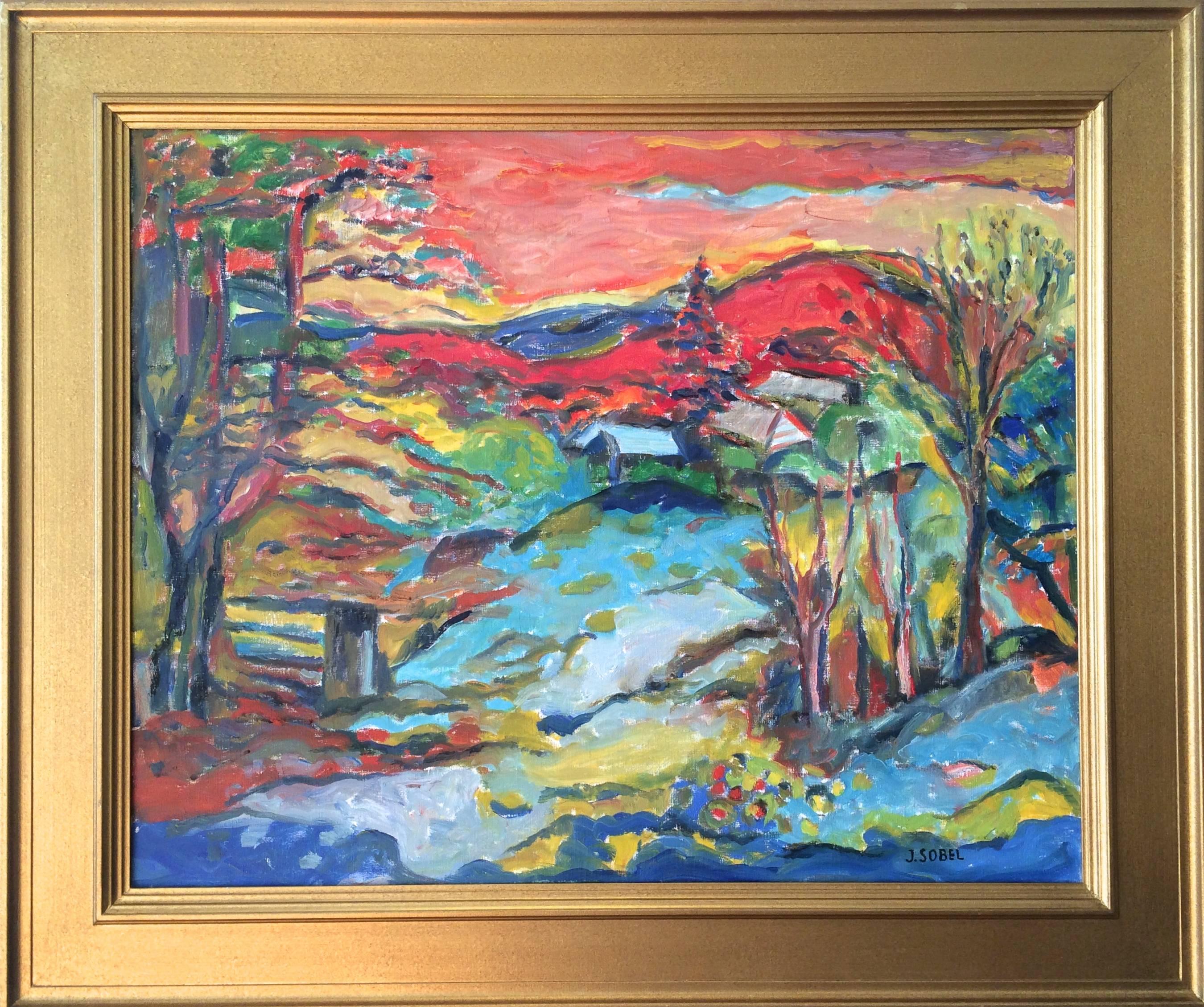 Landscape Painting Jehudith Sobel - Paysage vibrant avec vue sur les montagnes 