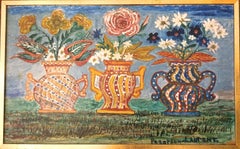 Still Life Three Vases with Flowers Haitian Folk Art
