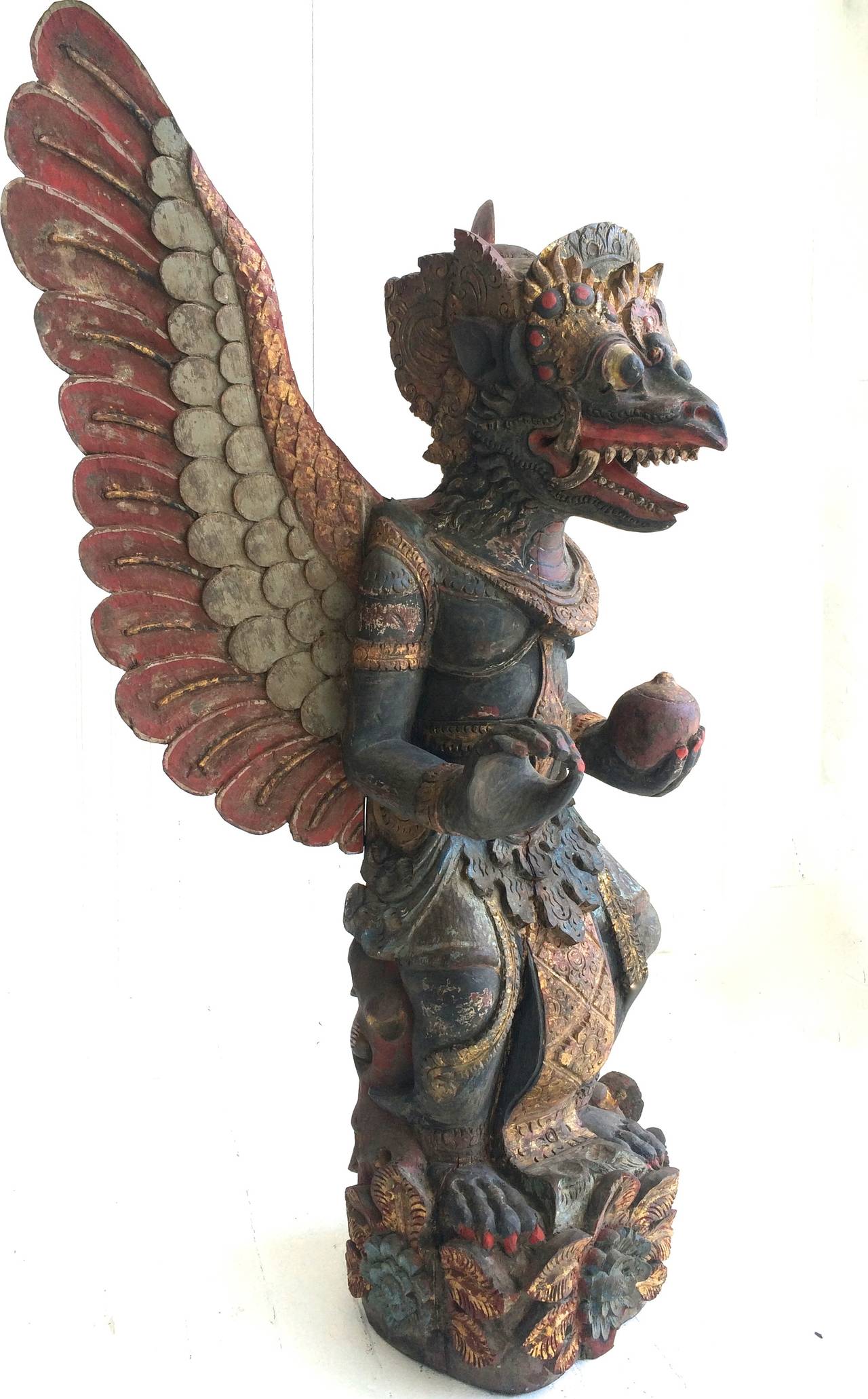 Wooden Garuda 15 inch Sculpture Vintage Balinese Style, Hand Carving Brown Garuda Vishnu