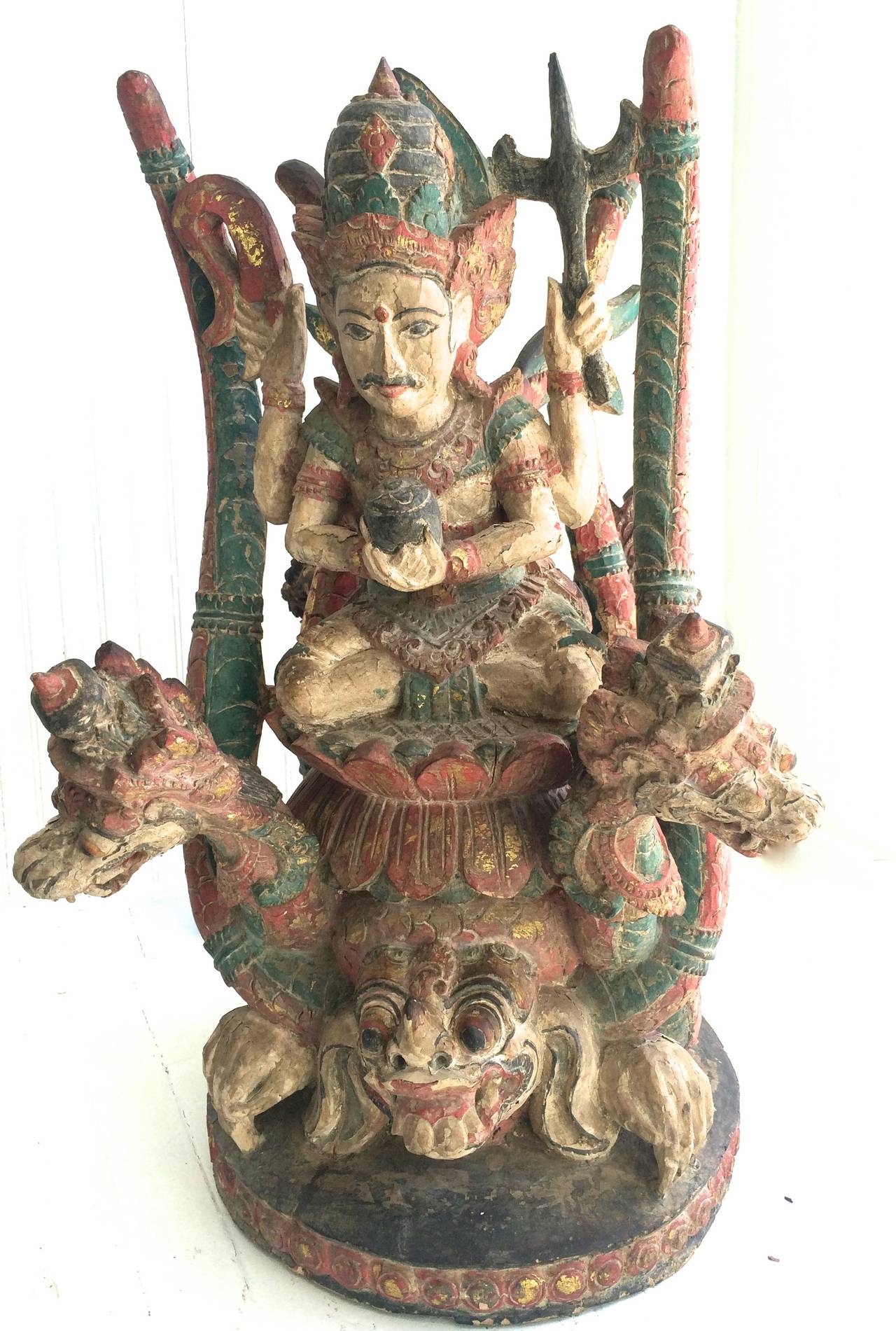  Antique Vishnu Riding Dragon Serpents Carved Polychrome Wood  - Sculpture by Unknown