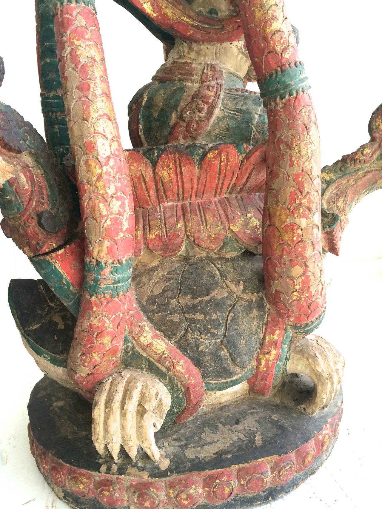  Antique Vishnu Riding Dragon Serpents Carved Polychrome Wood  - Symbolist Sculpture by Unknown