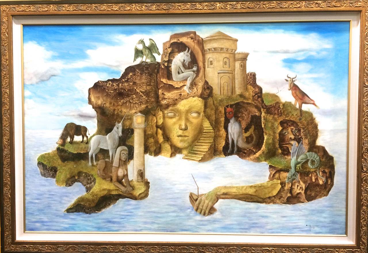 Enrique Chavarria Landscape Painting - La Mujer Isla The Island Woman Mexican Surrealist Painting