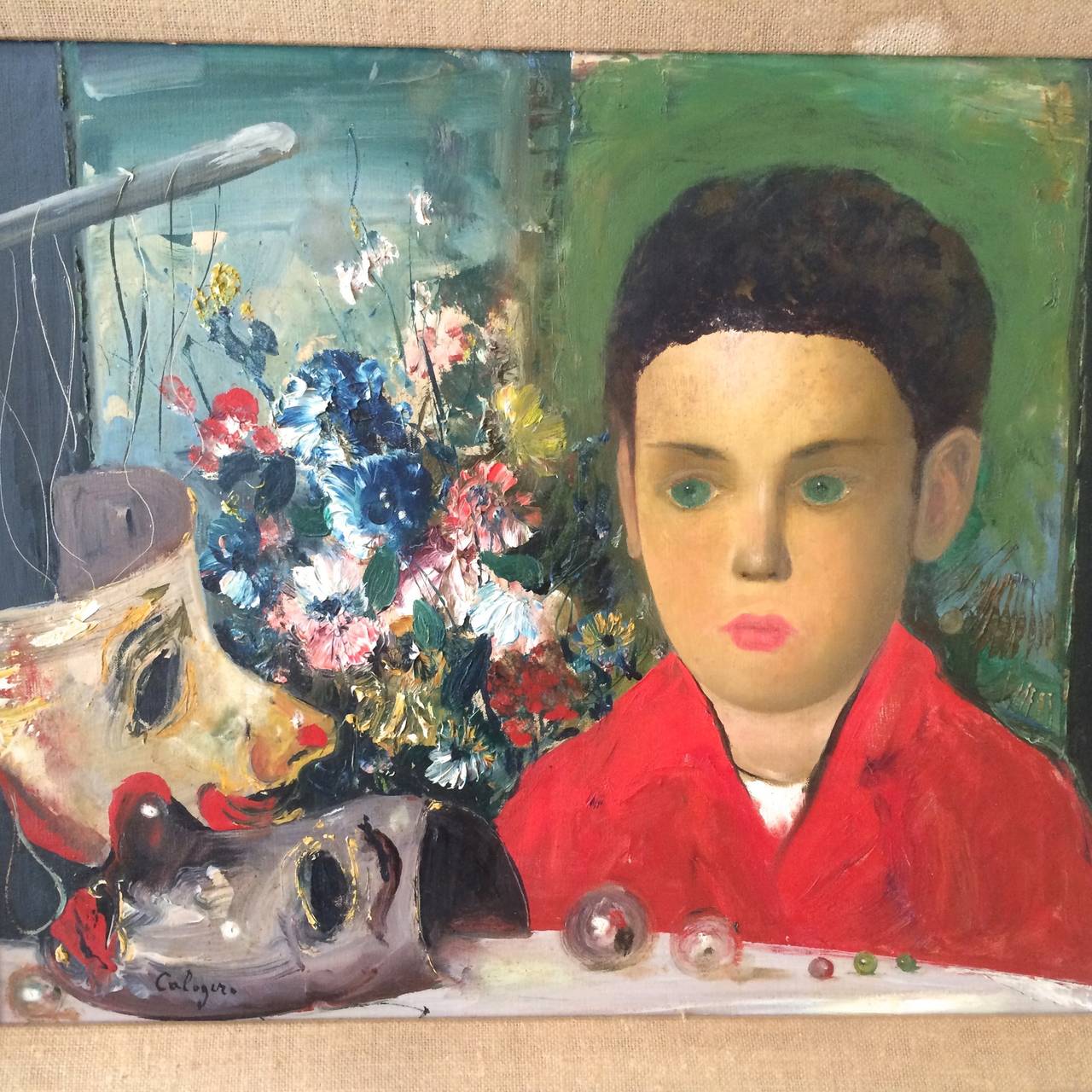 Portrait of Tracy Boy in Red Shirt - Painting by Jean Calogero