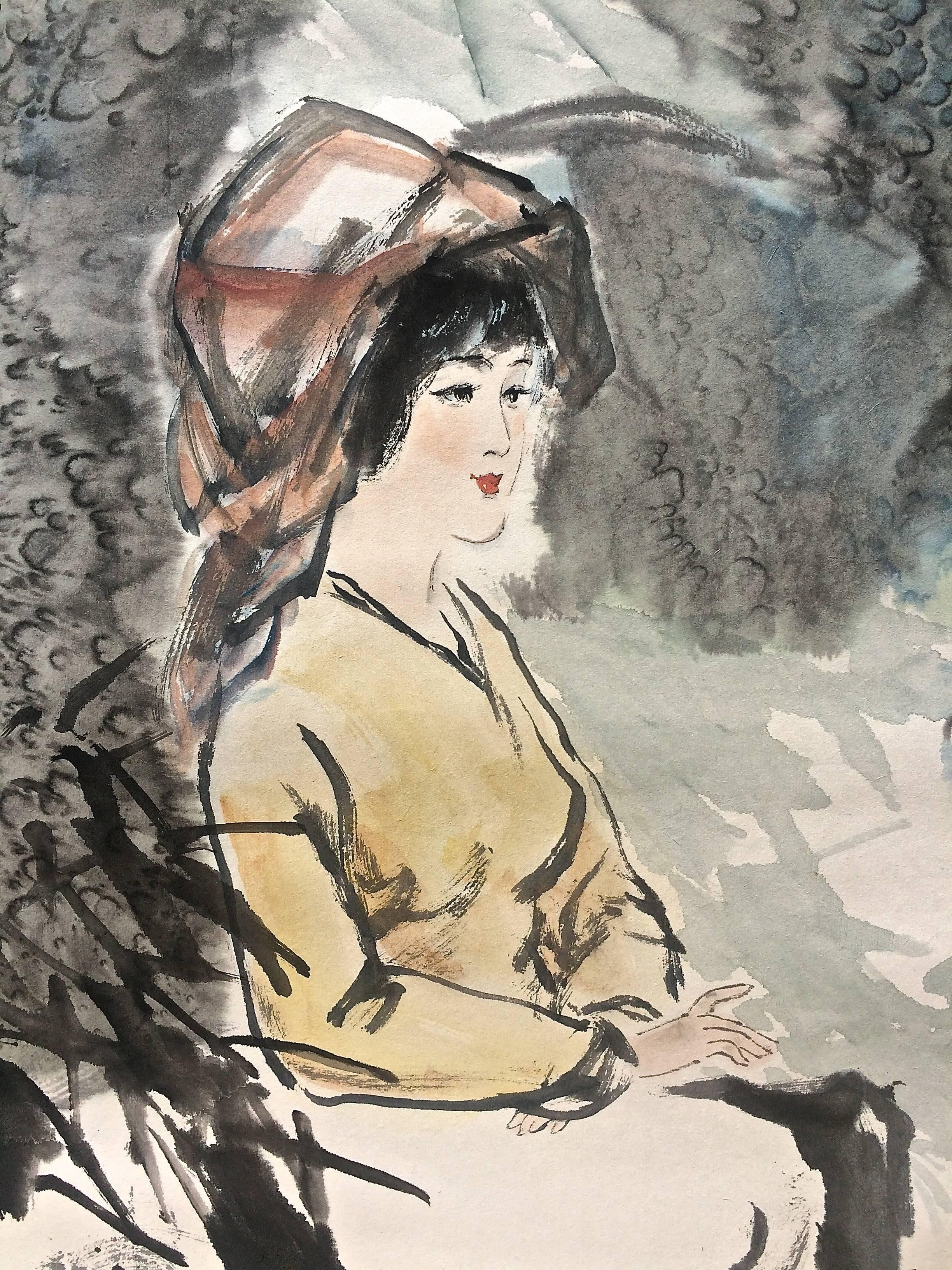 Woman with Rooster Chinese Watercolor - Painting by Unknown