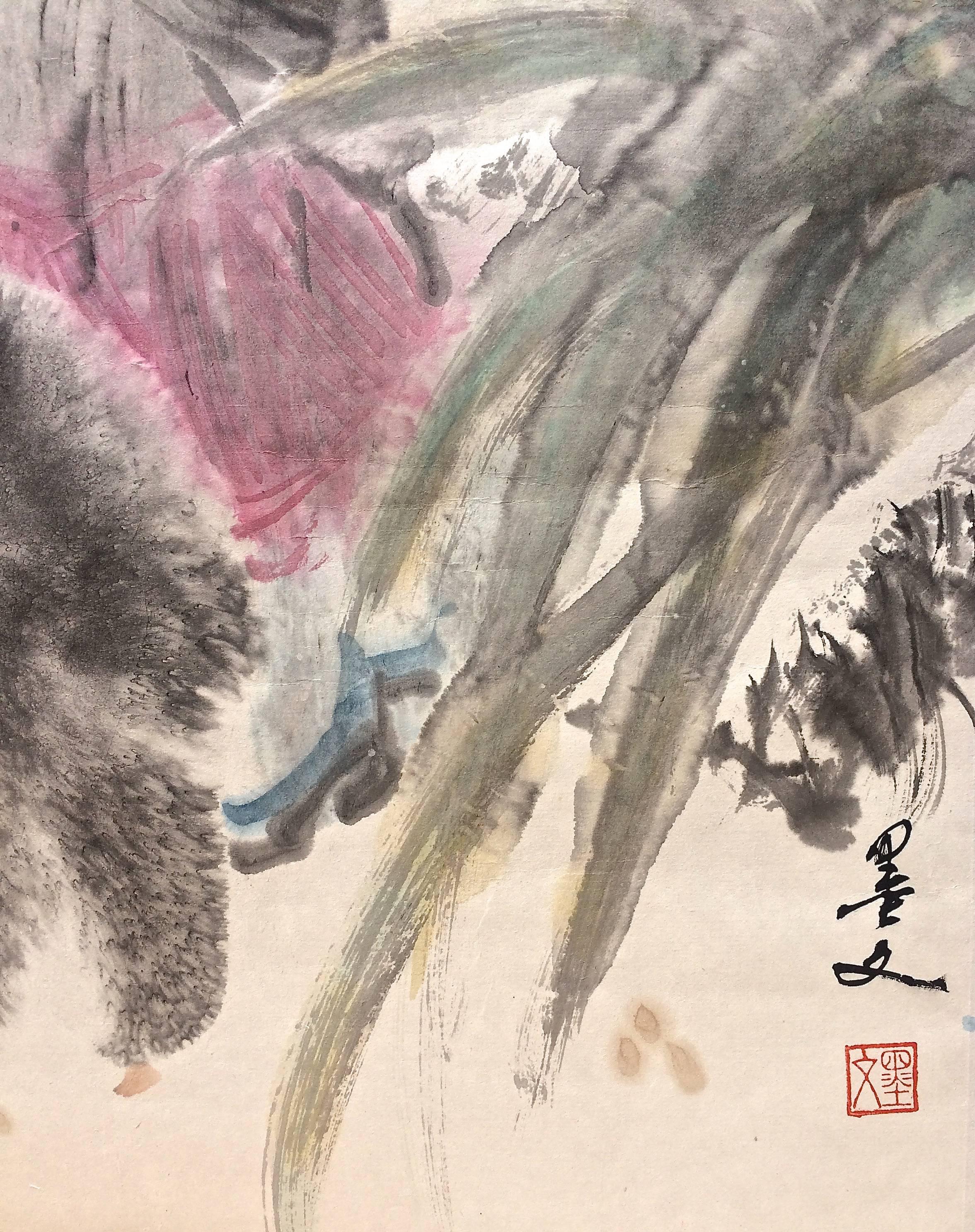  Woman with Lamb Chinese Watercolor - Art by Unknown