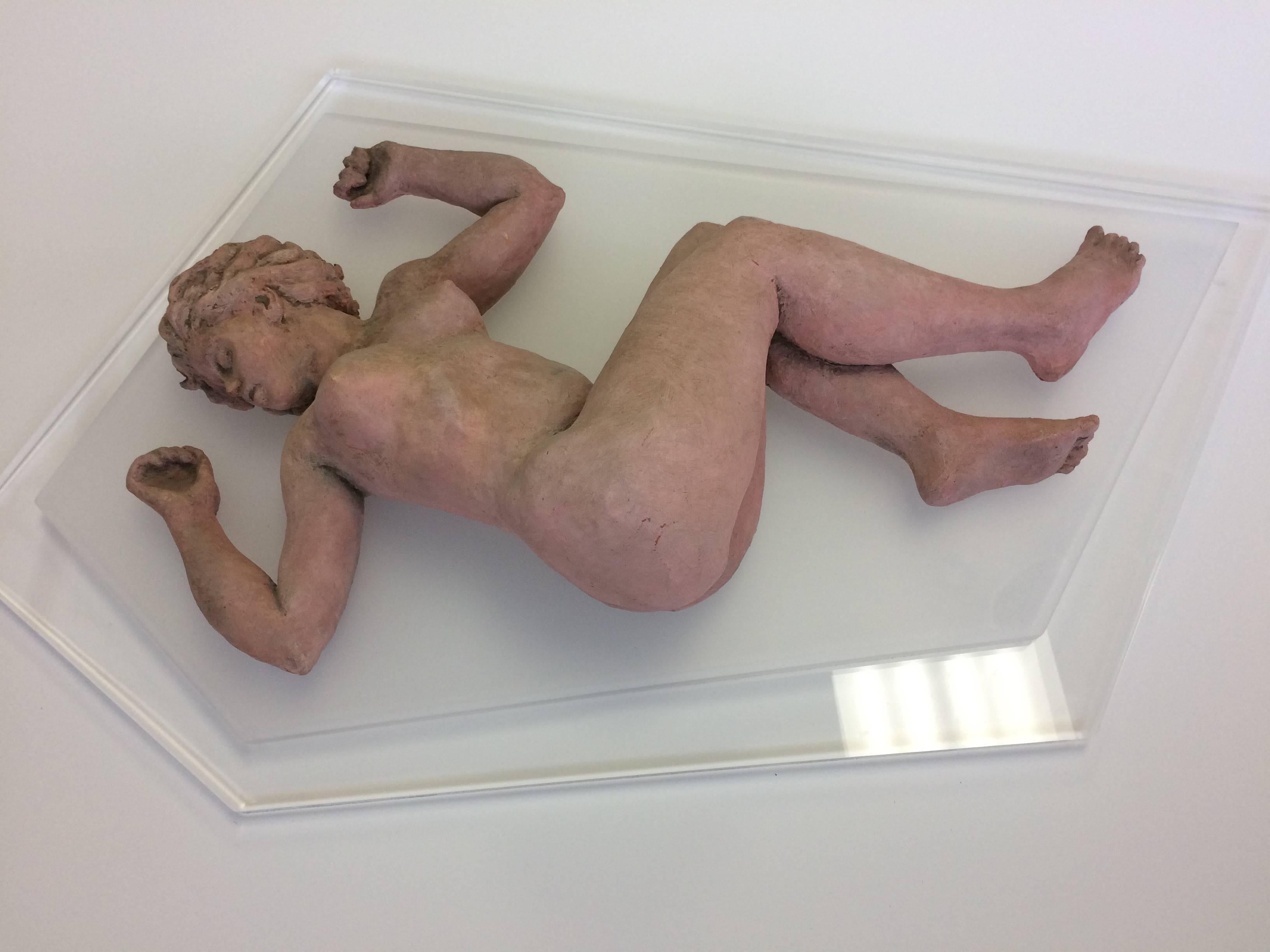  Sleeping Nude Clay Sculpture on Lucite  - Beige Nude Sculpture by Betty Miller