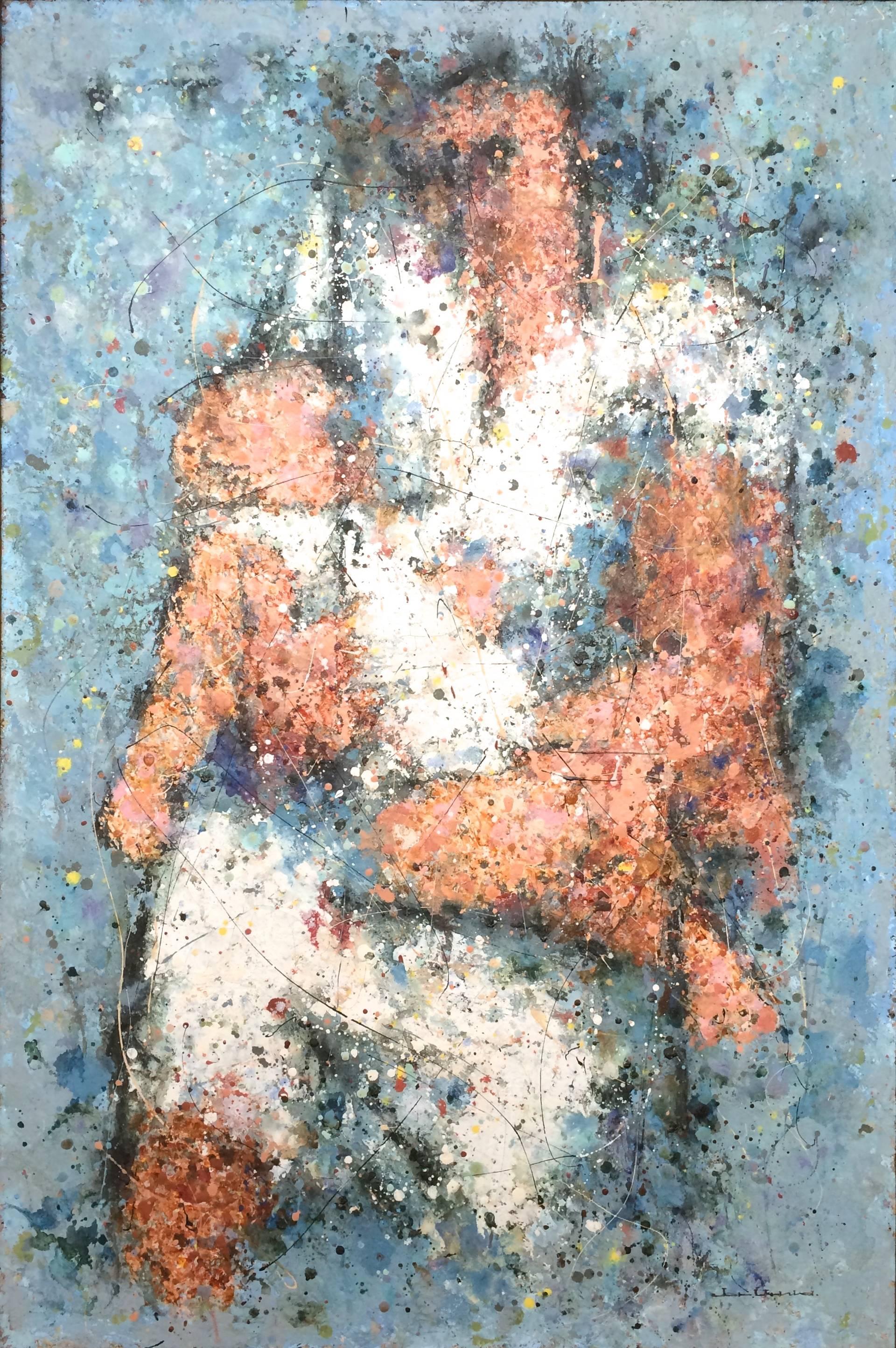 Blue and White Semi-Abstract Woman Holding a Child Signed  - Painting by Unknown