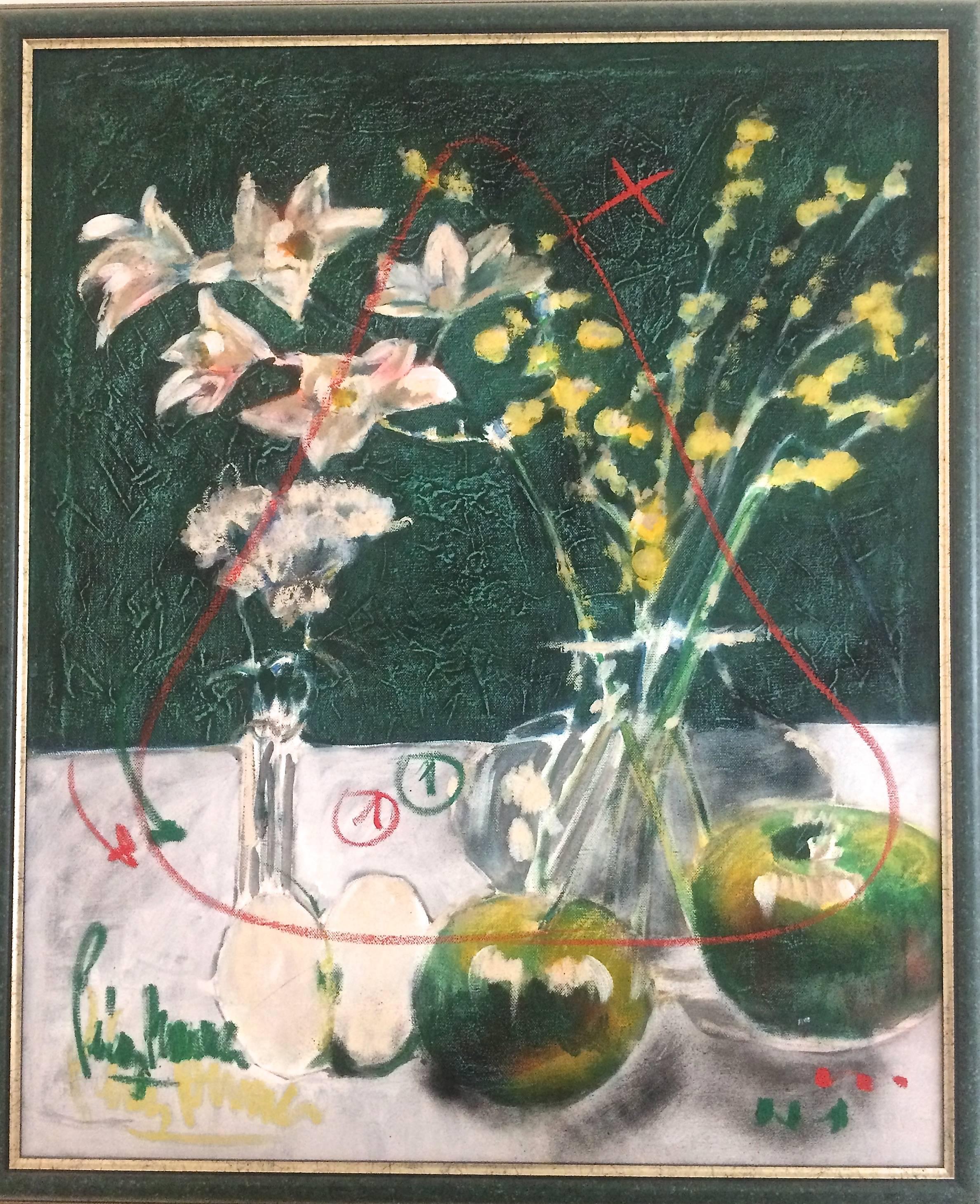 Still Life with Apples and Flowers - Painting by Alejandro Perez Becerra