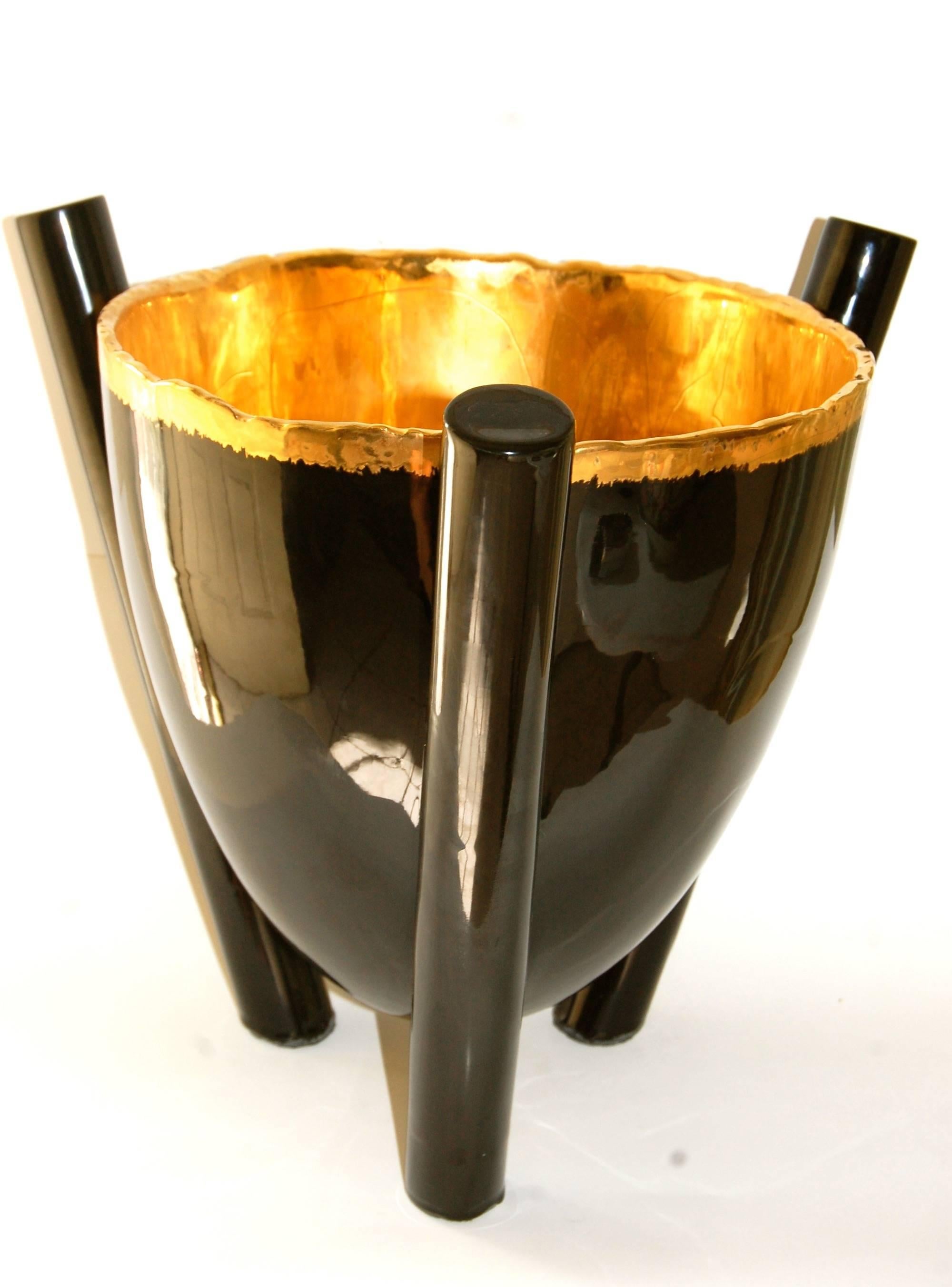  Large Black And Gold Footed Bowl - Contemporary Sculpture by Larry Lubow