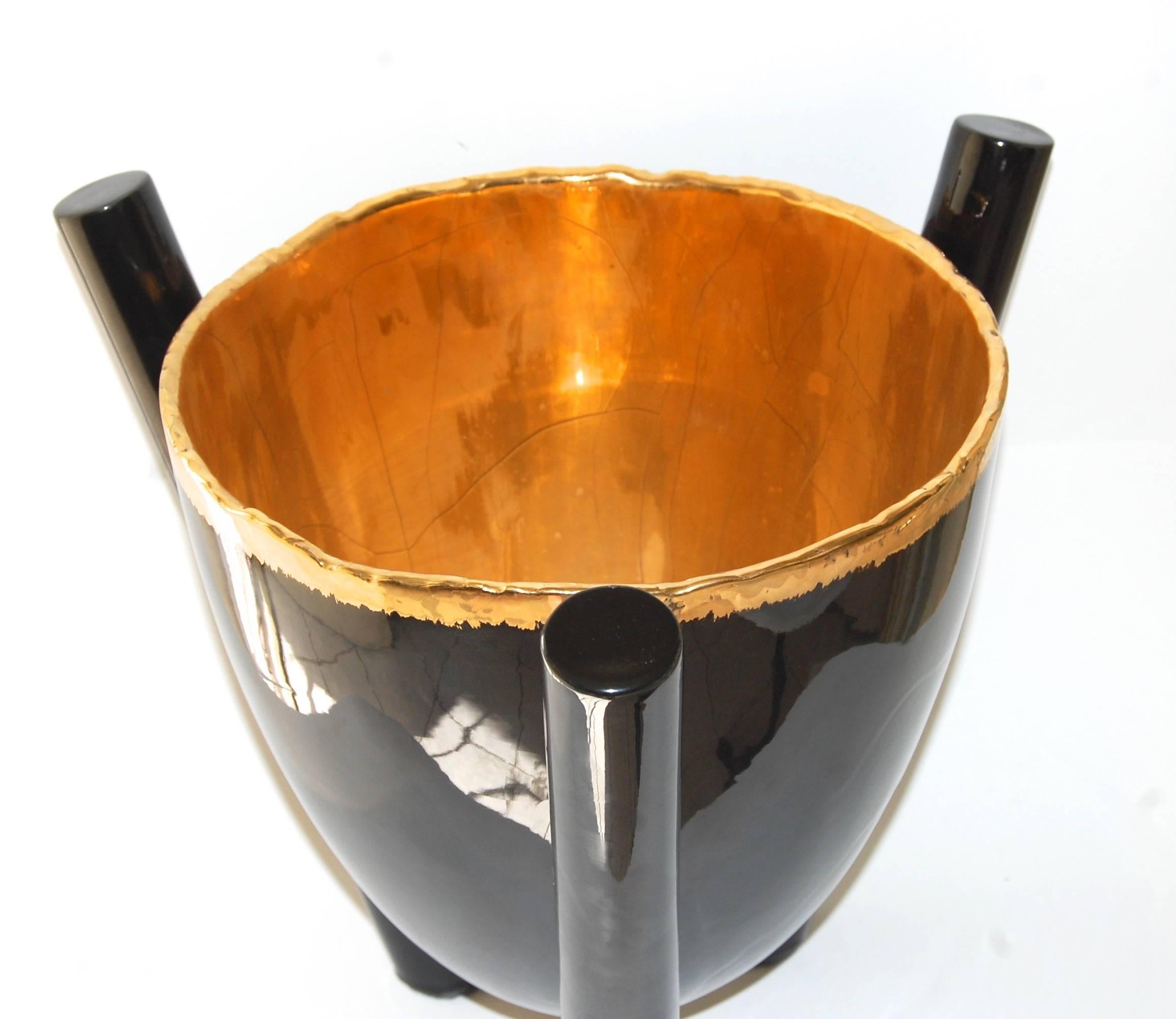  Large Black And Gold Footed Bowl - Sculpture by Larry Lubow