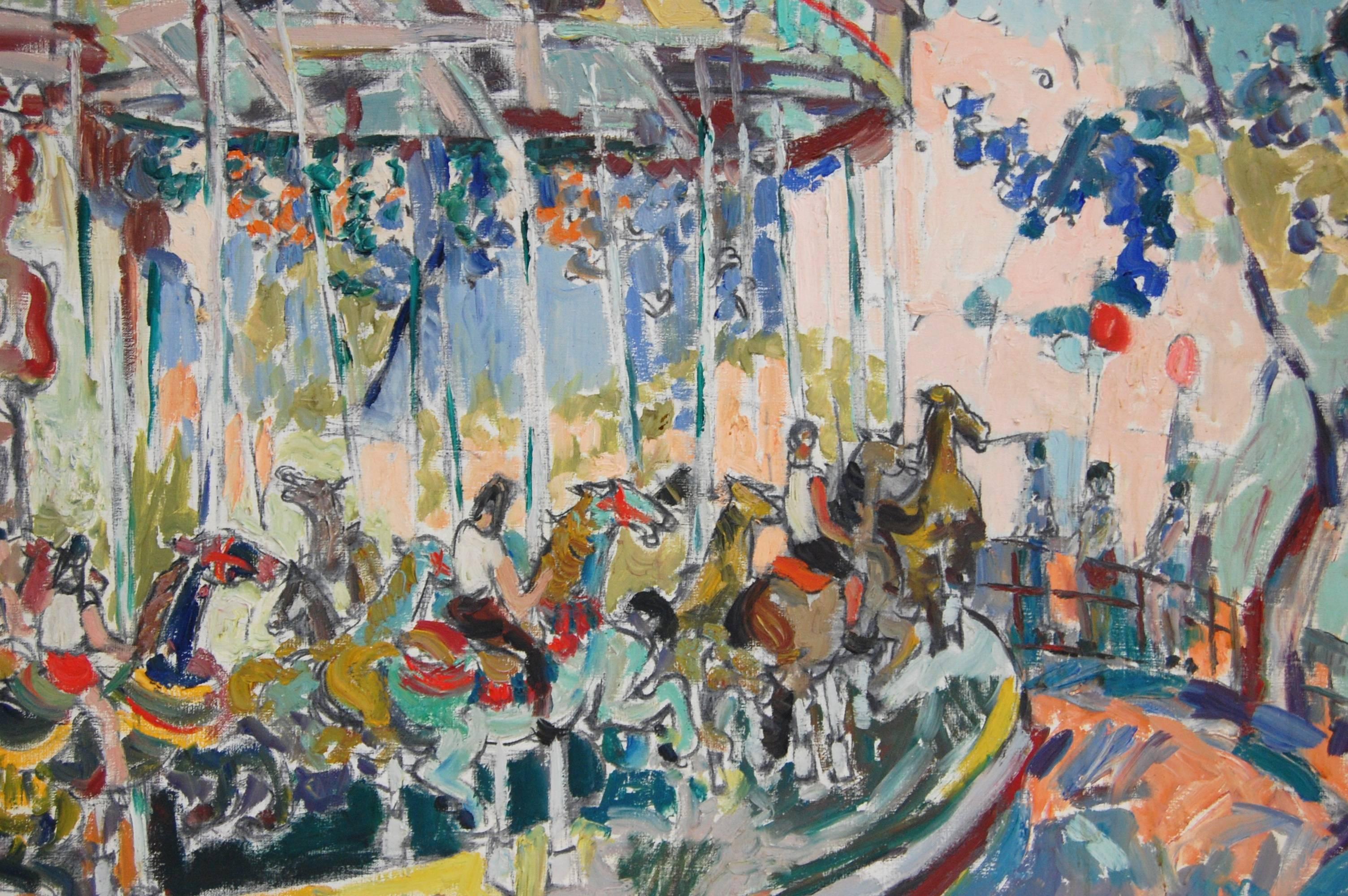Carousel - Brown Landscape Painting by Jehudith Sobel