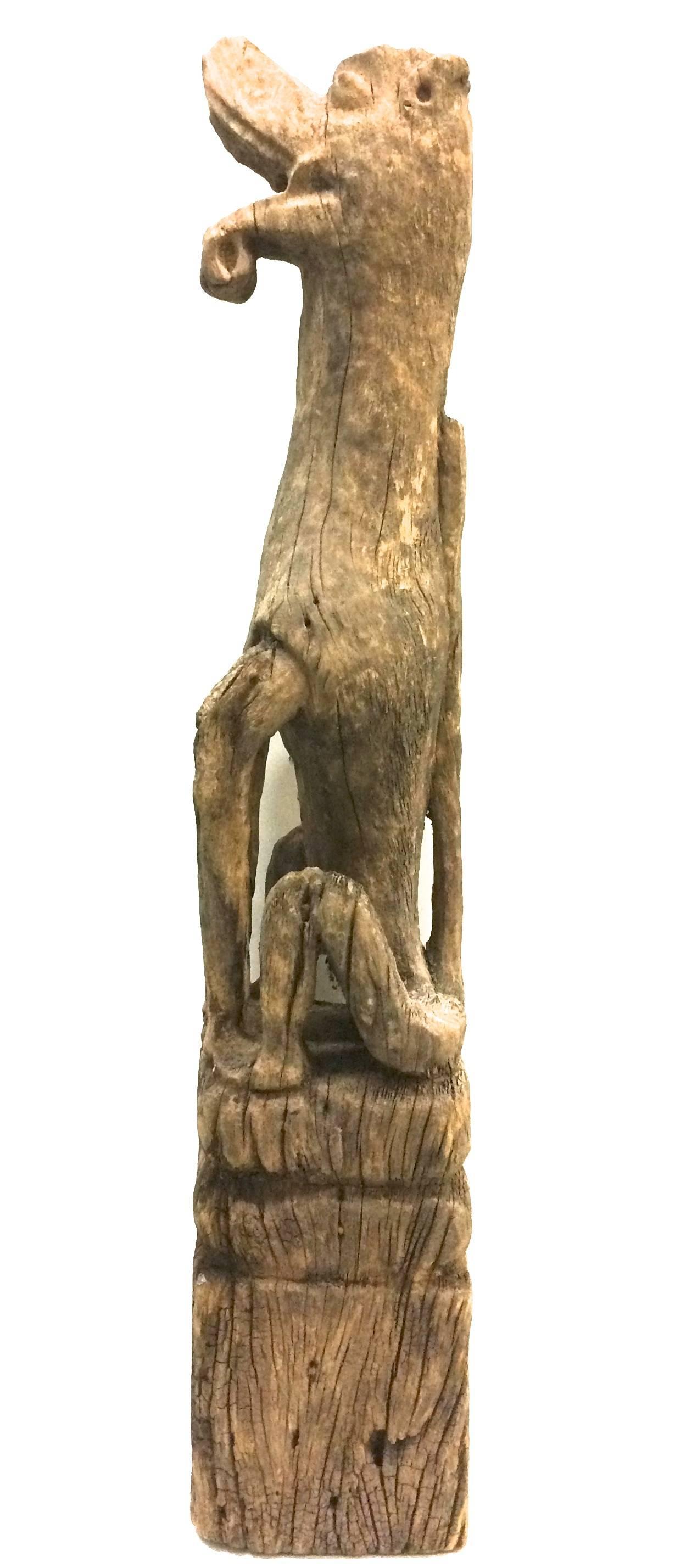 Antique Tribal Guardian Dog Wood Statue BALI - Sculpture by Unknown