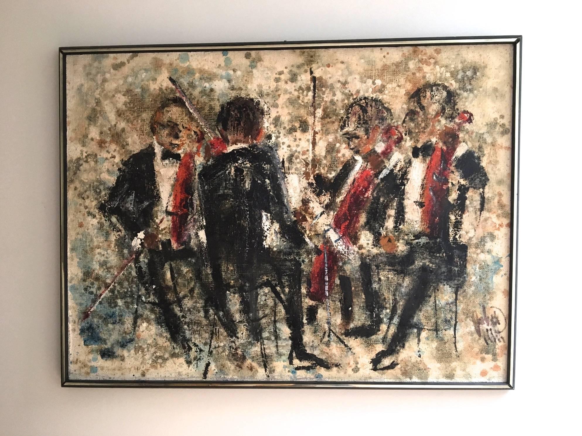 Expressionist painting Group of Musicians Playing Violin in black, red, white and beige colors.
Oil on burlap signed illegibly lower right, original frame, violin player expressionist style from about 1960s. Size: 29 x39