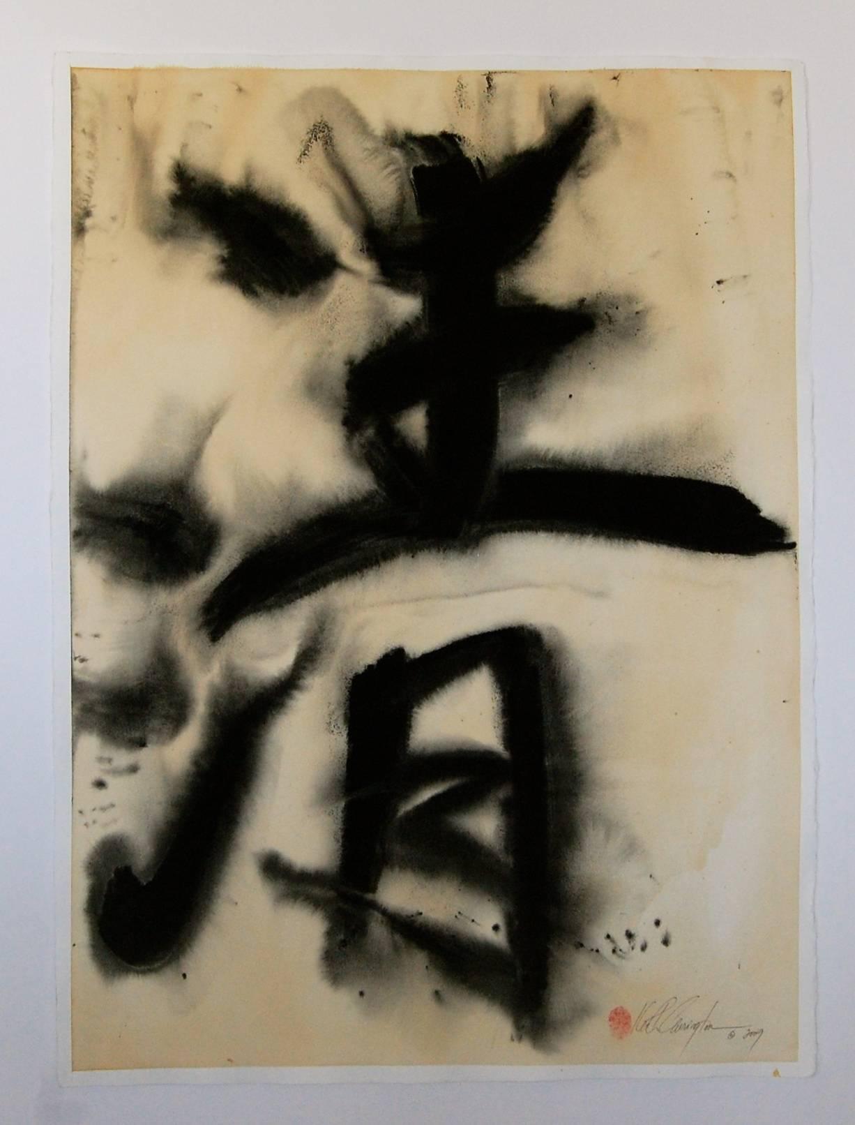 Keith Carrington Abstract Drawing - Clarity Black and Beige Calligraphy on Paper