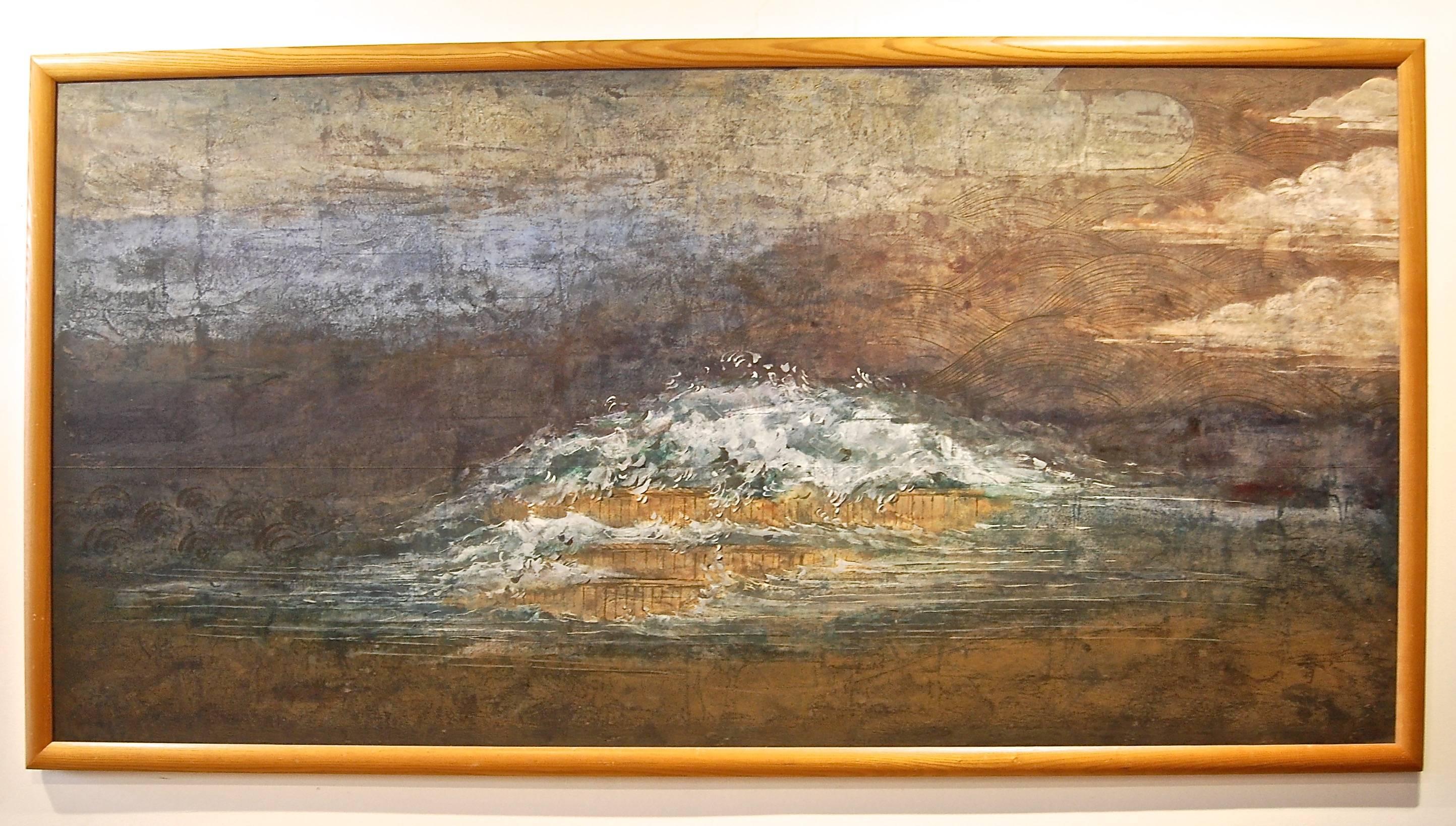 
 Wave.
 Asian possible Japanese Ink and Wash On Paper laid on artist board, signed, about 1960-70s, framed 51'x100x1.5.
