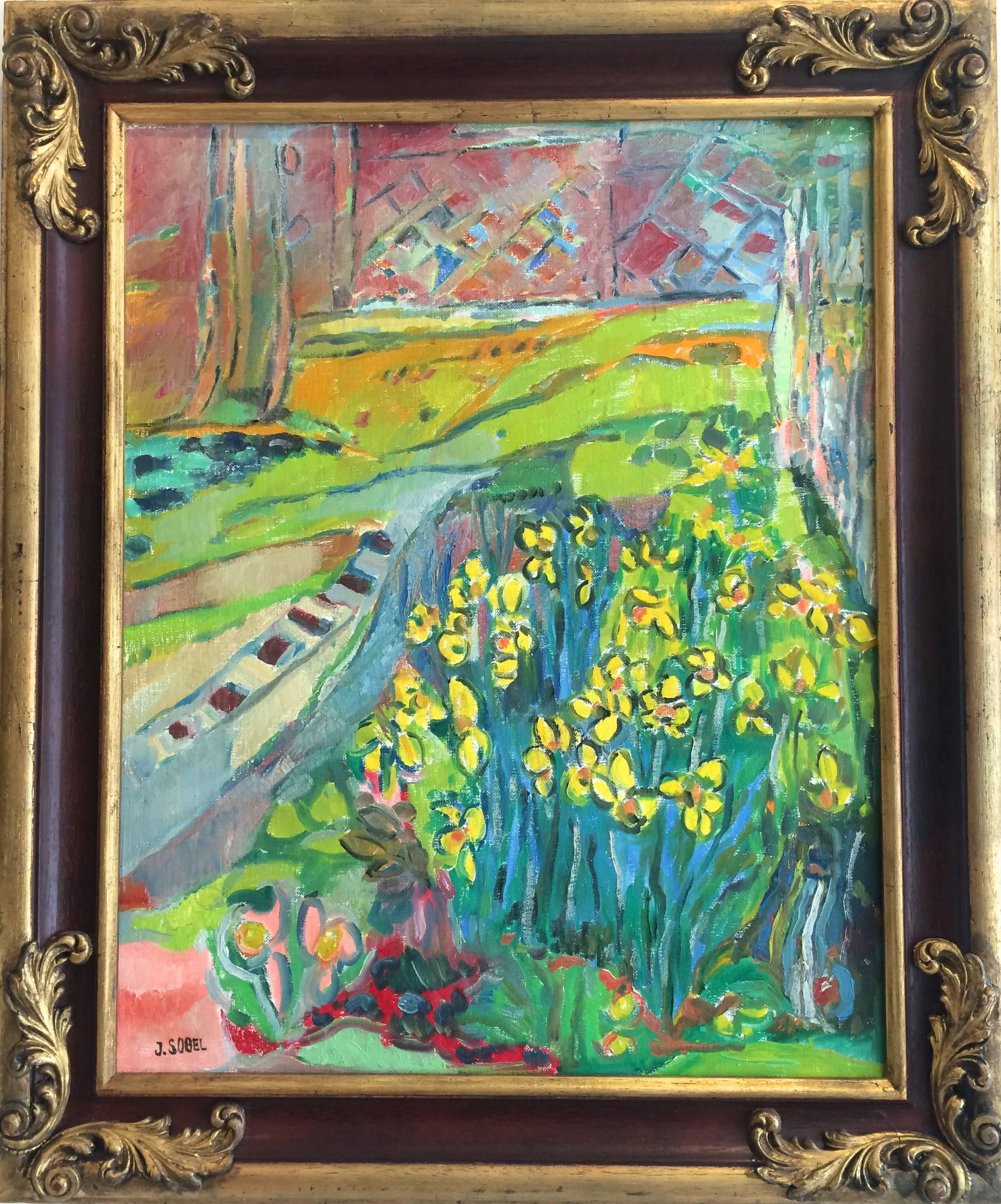 Jehudith Sobel Landscape Painting - Yellow Irises Landscape Oil Painting