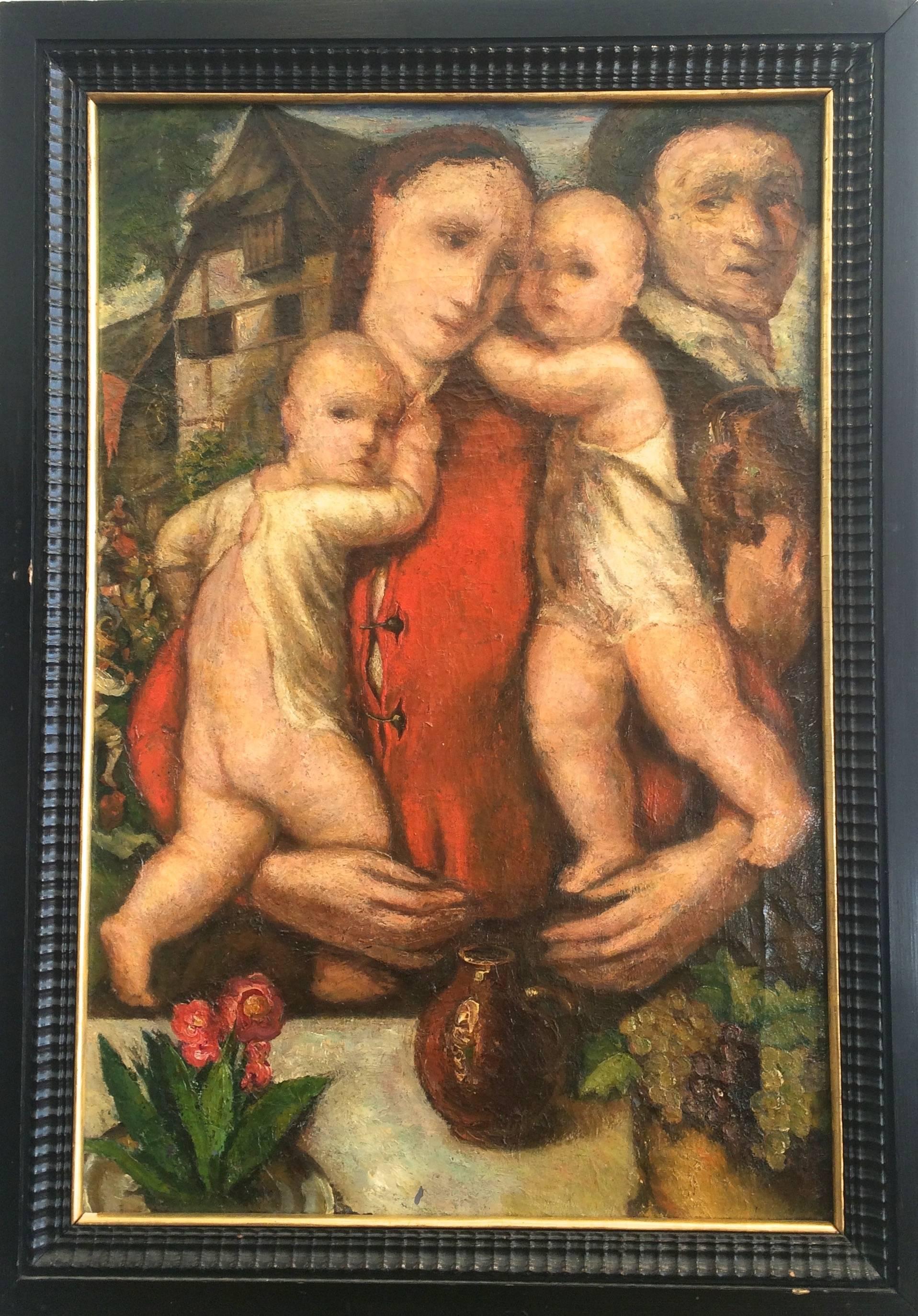 Unknown Figurative Painting -  19th Century European Mother With Twins 