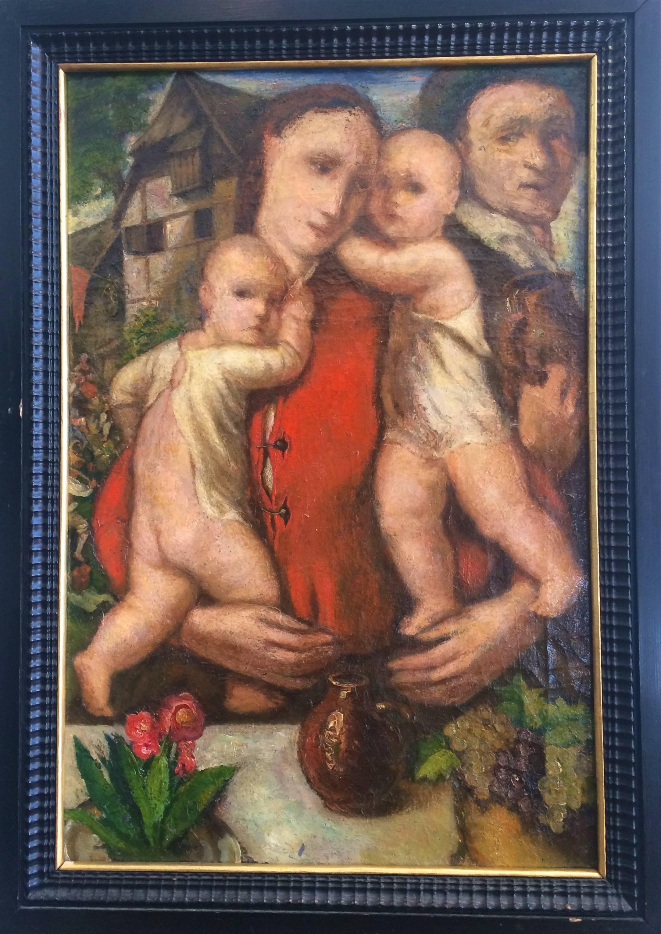  19th Century European Mother With Twins  - Painting by Unknown