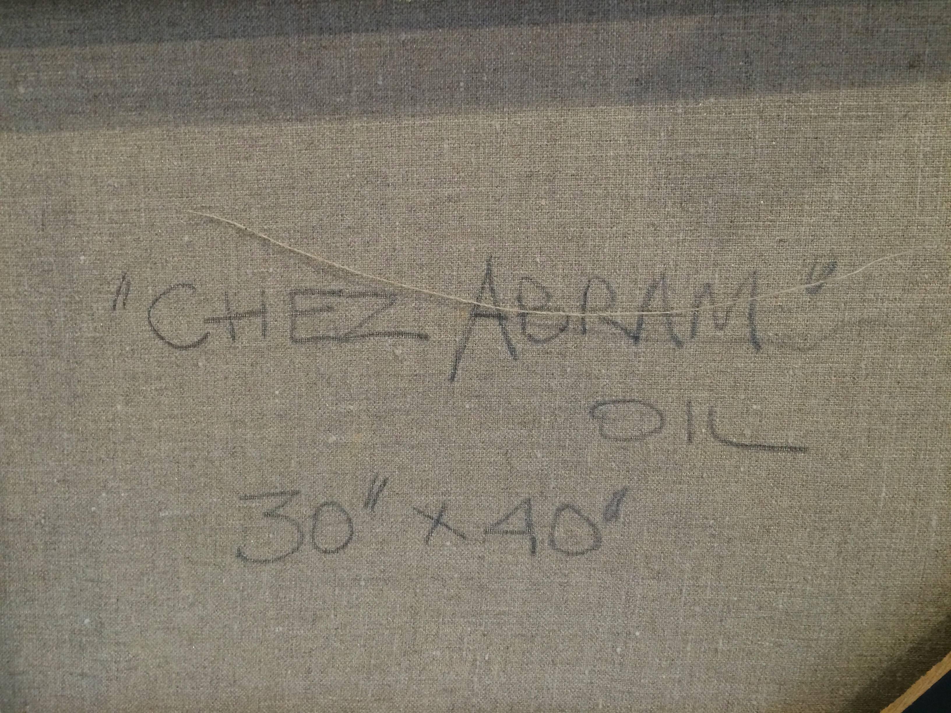Chez Abram 
Künstler signiert mit Initialen, datiert 94,  Titel, ungerahmt. 
Gregor Zamierowski, polnisch-kanadischer Künstler. Lebendiges Öl auf Leinwand mit Figuren in geometrischer Abstraktion, beeinflusst von Marc Chagall.