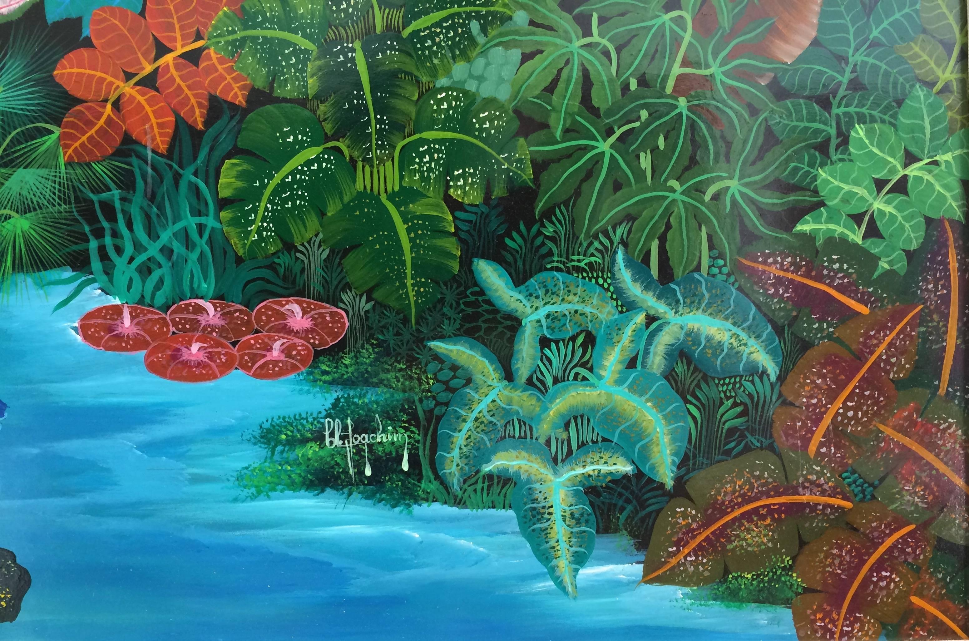 Beautiful exotic jungle painting by French/Haitian artist Claude Joachim.