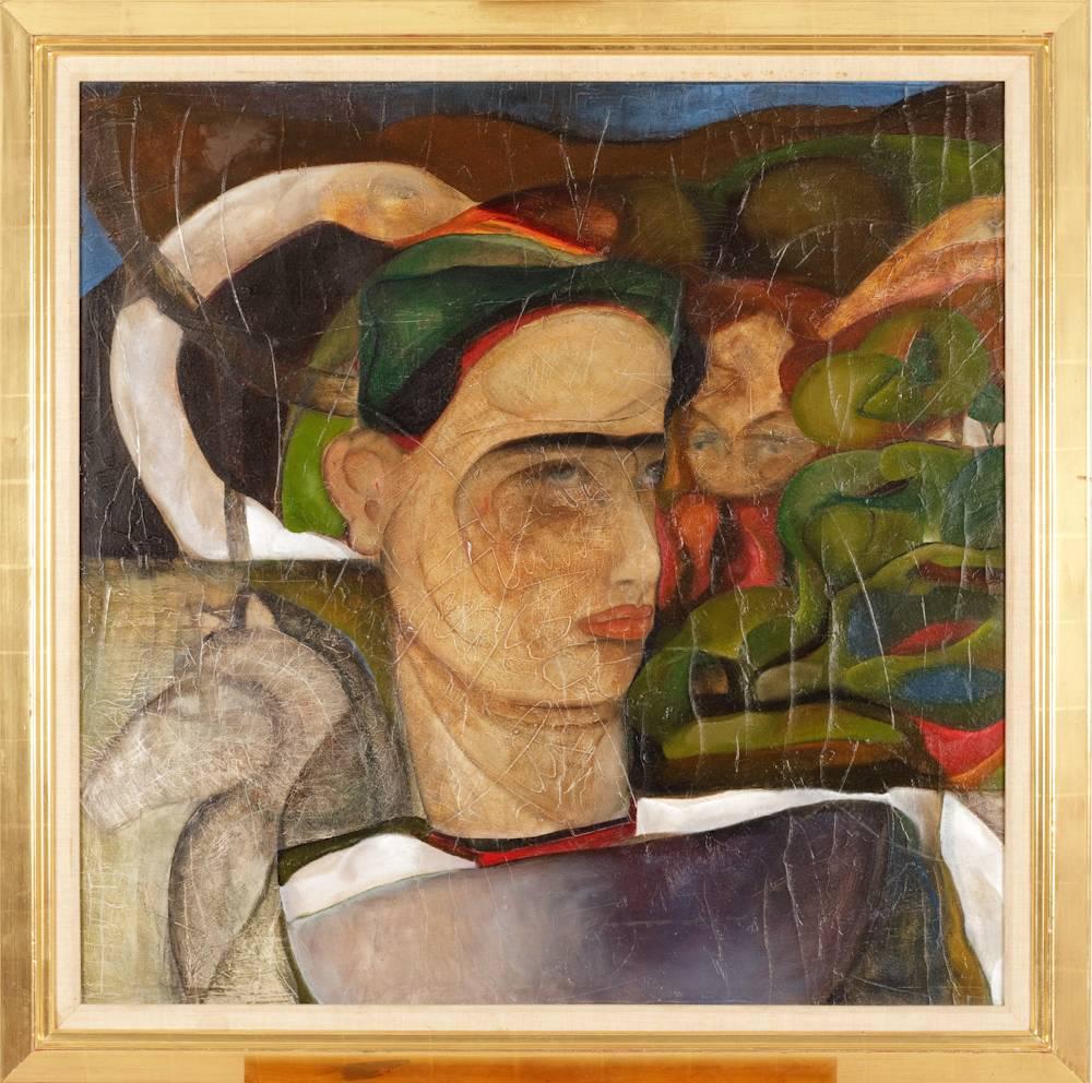 Unknown Figurative Painting - Exotic Figure With Swan