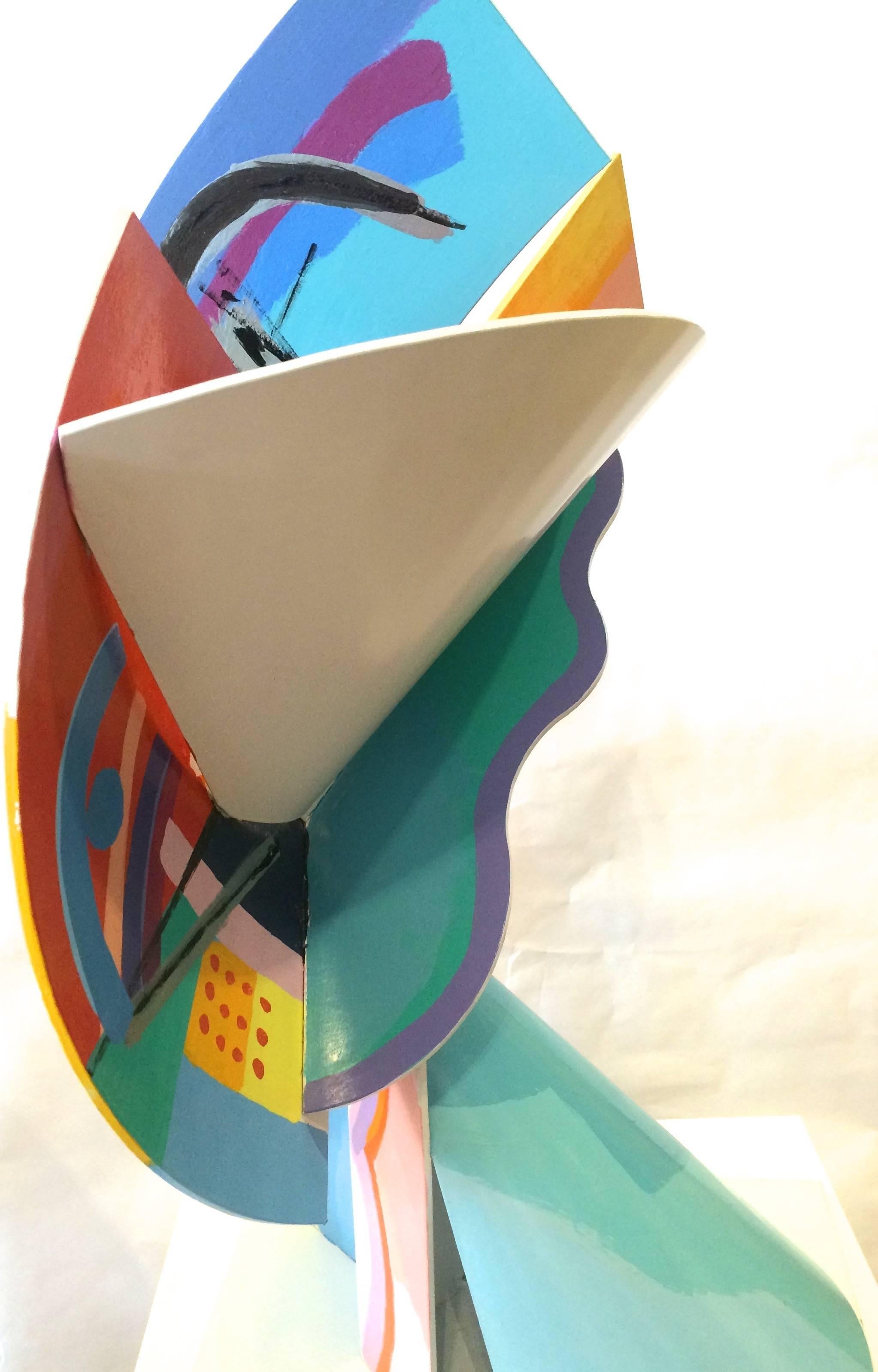 Artist proof, signed abstract form metal sculpture painted with vibrant colors.
Calman Shemi, sculptor and painter, was born in Argentina in 1939.  A graduate of the school of Sculpture and Ceramics in Mendoza, Calman Shemi was a student of the