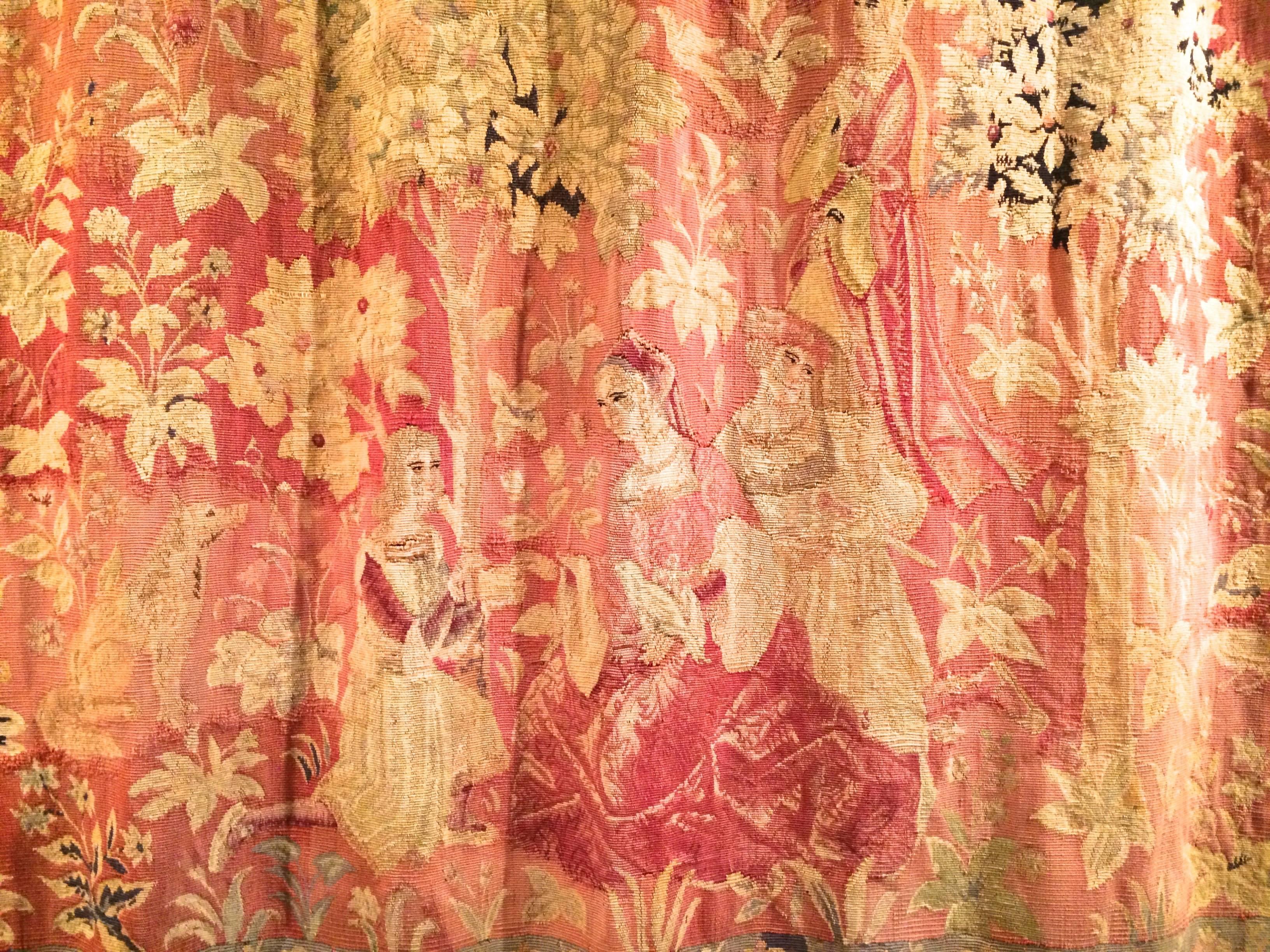 Beautiful hand woven wool tapestry possibly Flemish around 1860-70's. Depicting yang man kneeling in front of a woman offering a gift or engagement ring, very romantic and happy scene. Some small restoration, but overall very good condition.