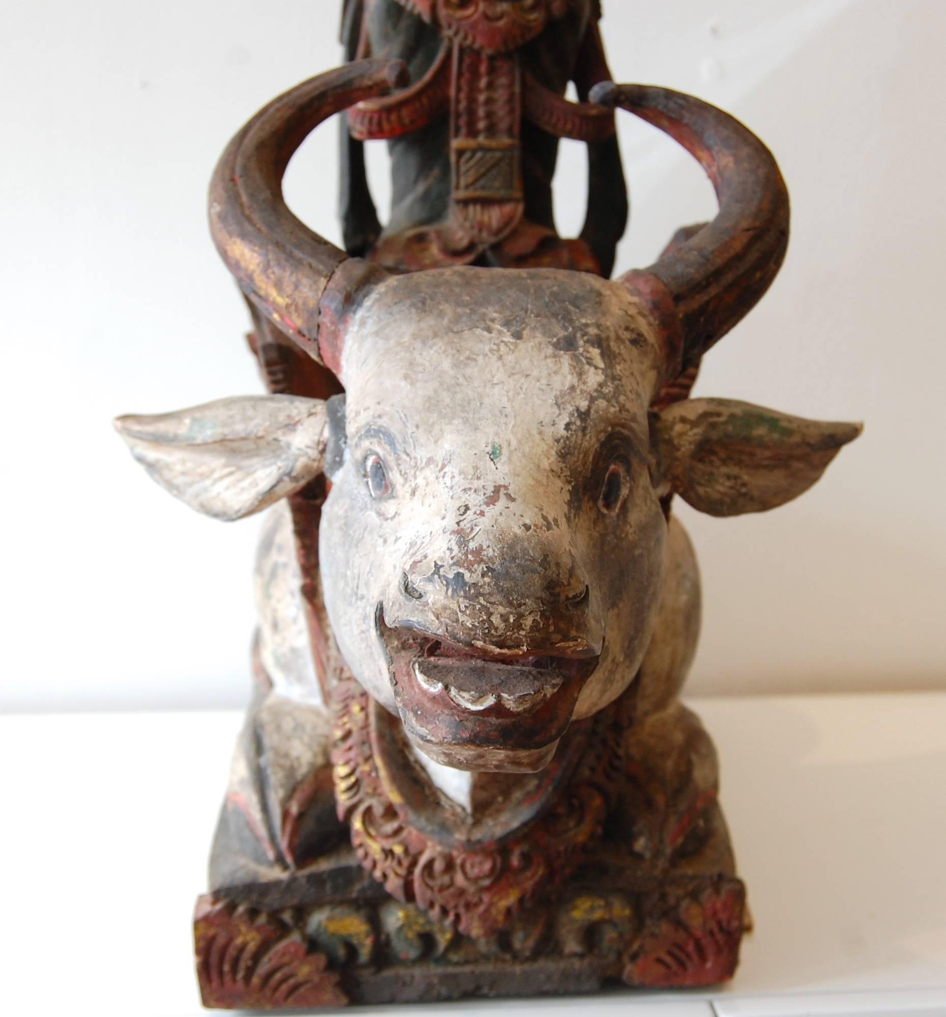  19th Century Shiva Standing On The Bull Nandi Wood Carving with polychrome paint.
 27