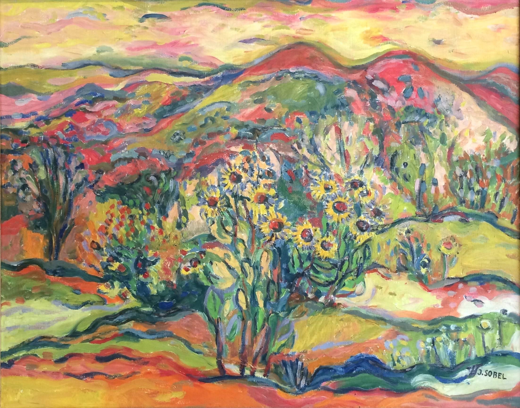 Landscape with Sunflowers - Painting by Jehudith Sobel