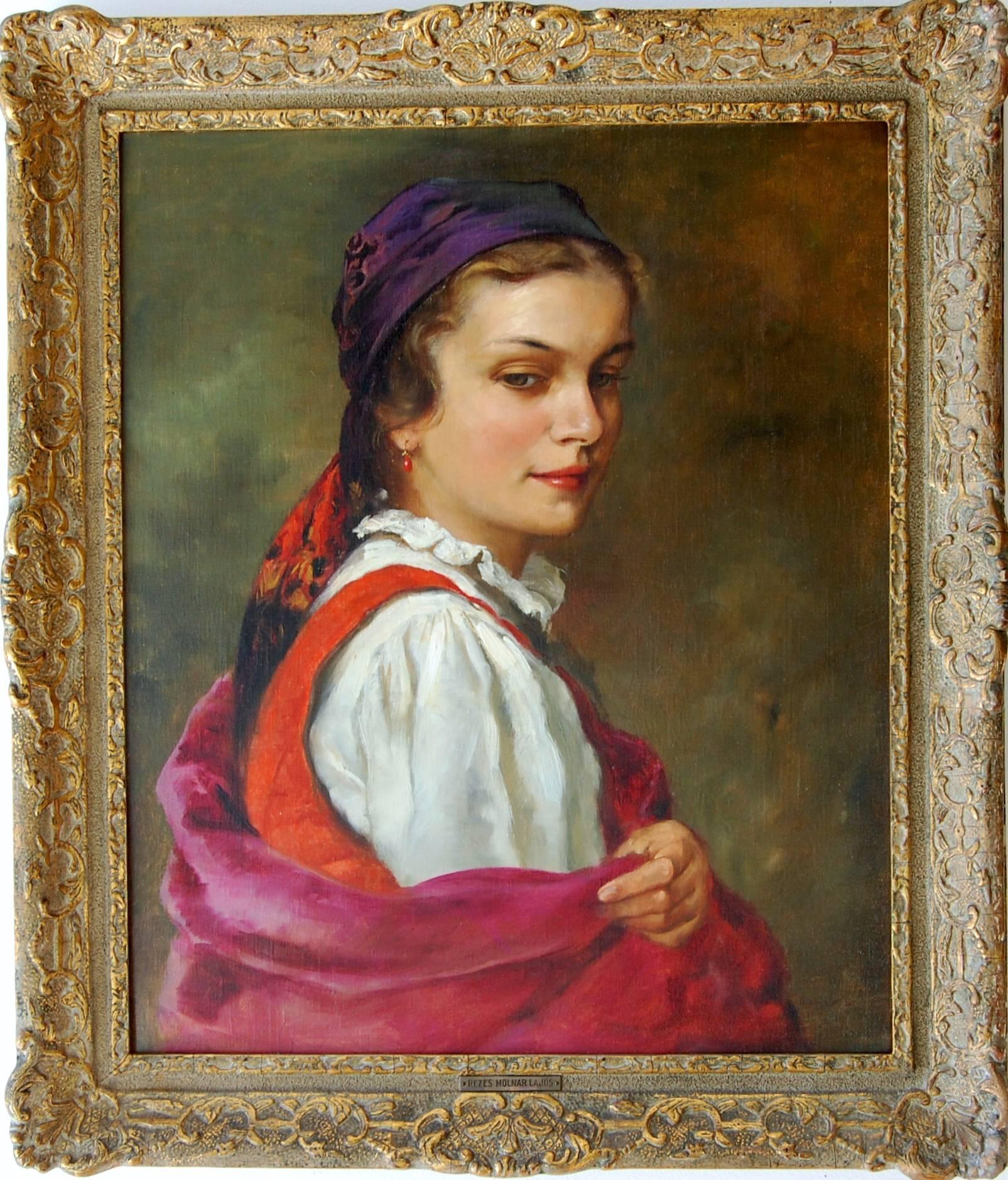 Lajos Rezes Molnar Portrait Painting -  Woman With A Red Scarf 