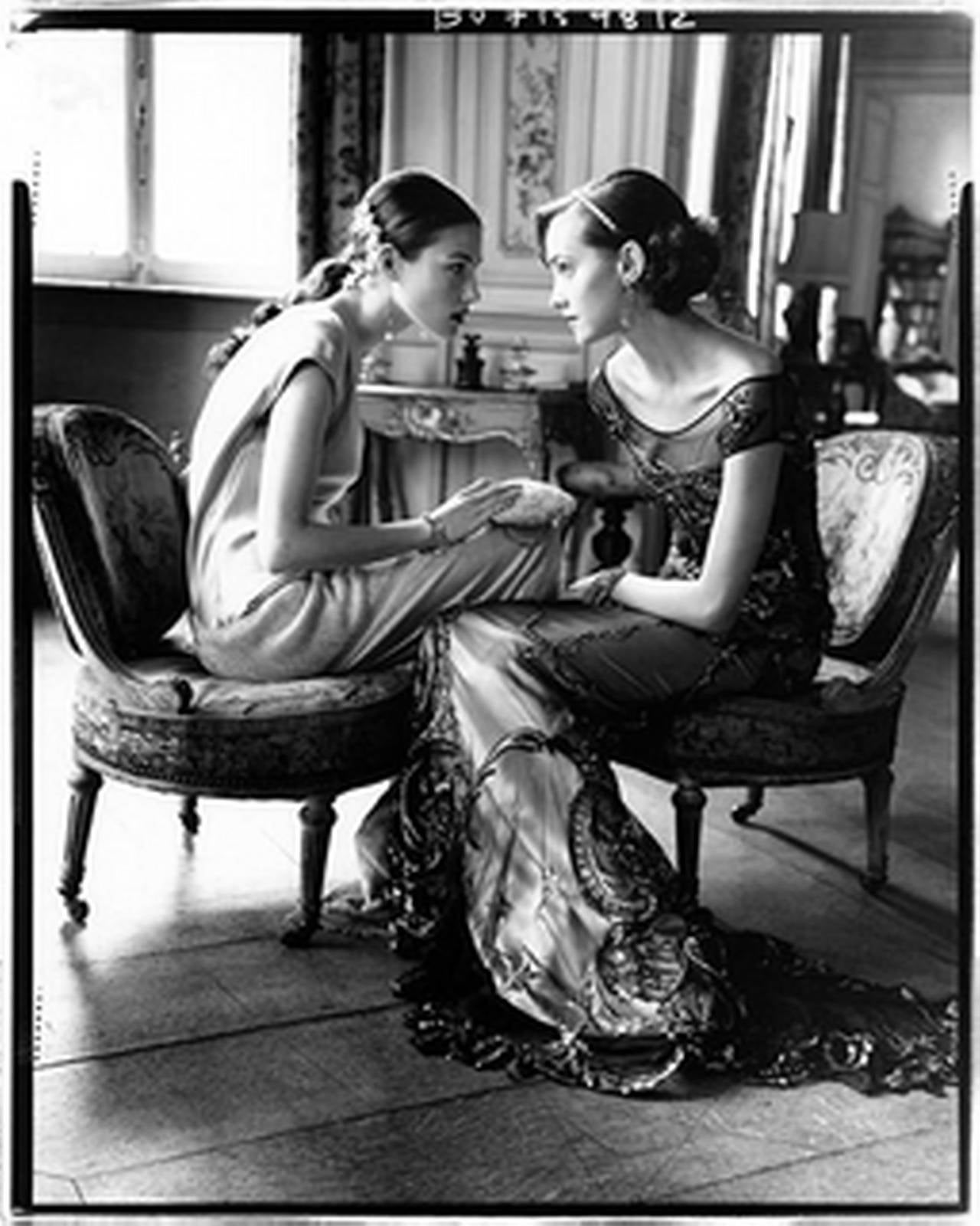 Arthur Elgort Black and White Photograph - Haylynn and Lida - Models sitting in Baroque interior, fine art photography 1998