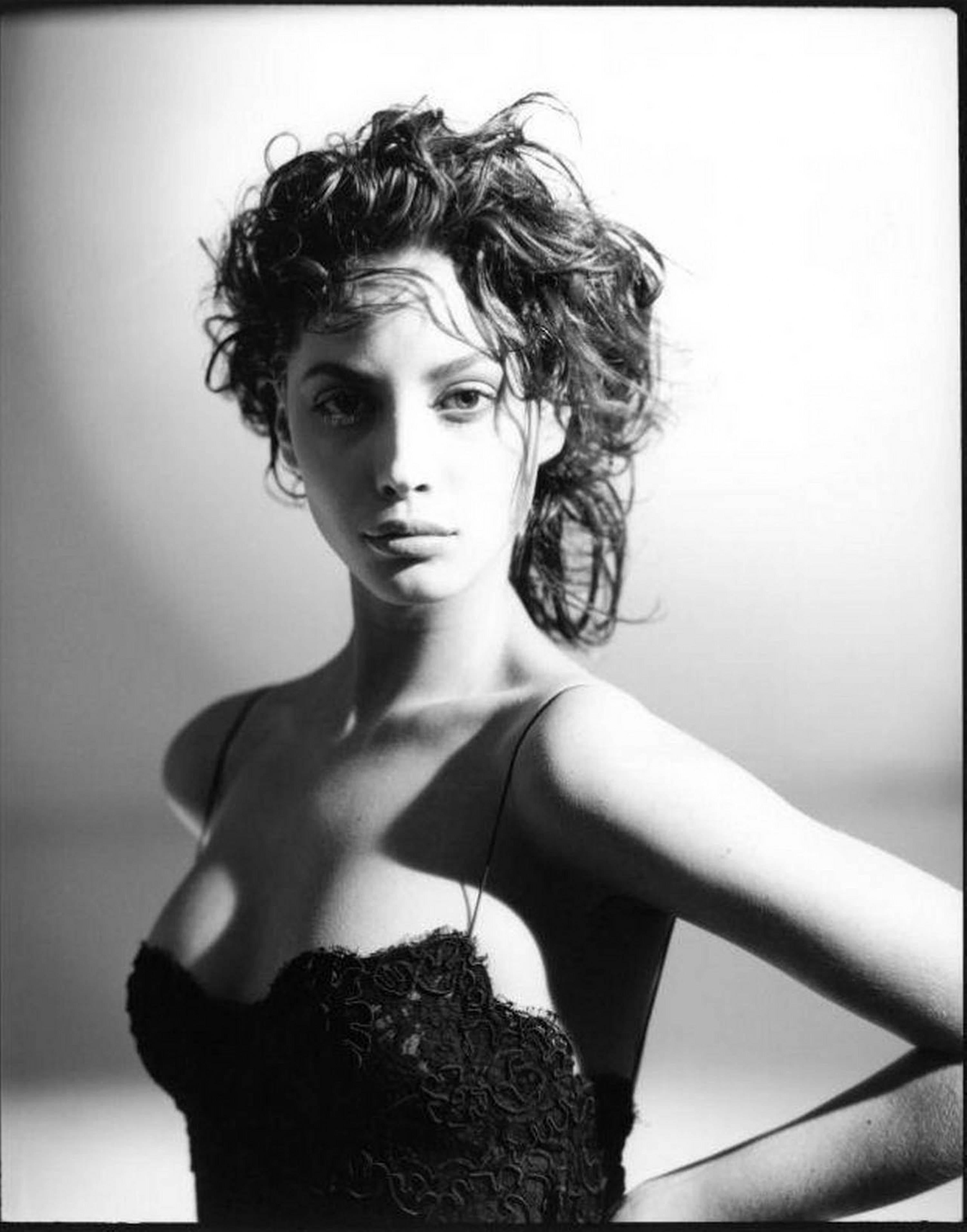 Christy Turlington - b&w portrait in black lace, fine art photography, 1987