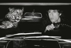 Retro Mick Jagger in a Car with Leopard, LA - b&w fine art photography, 1992