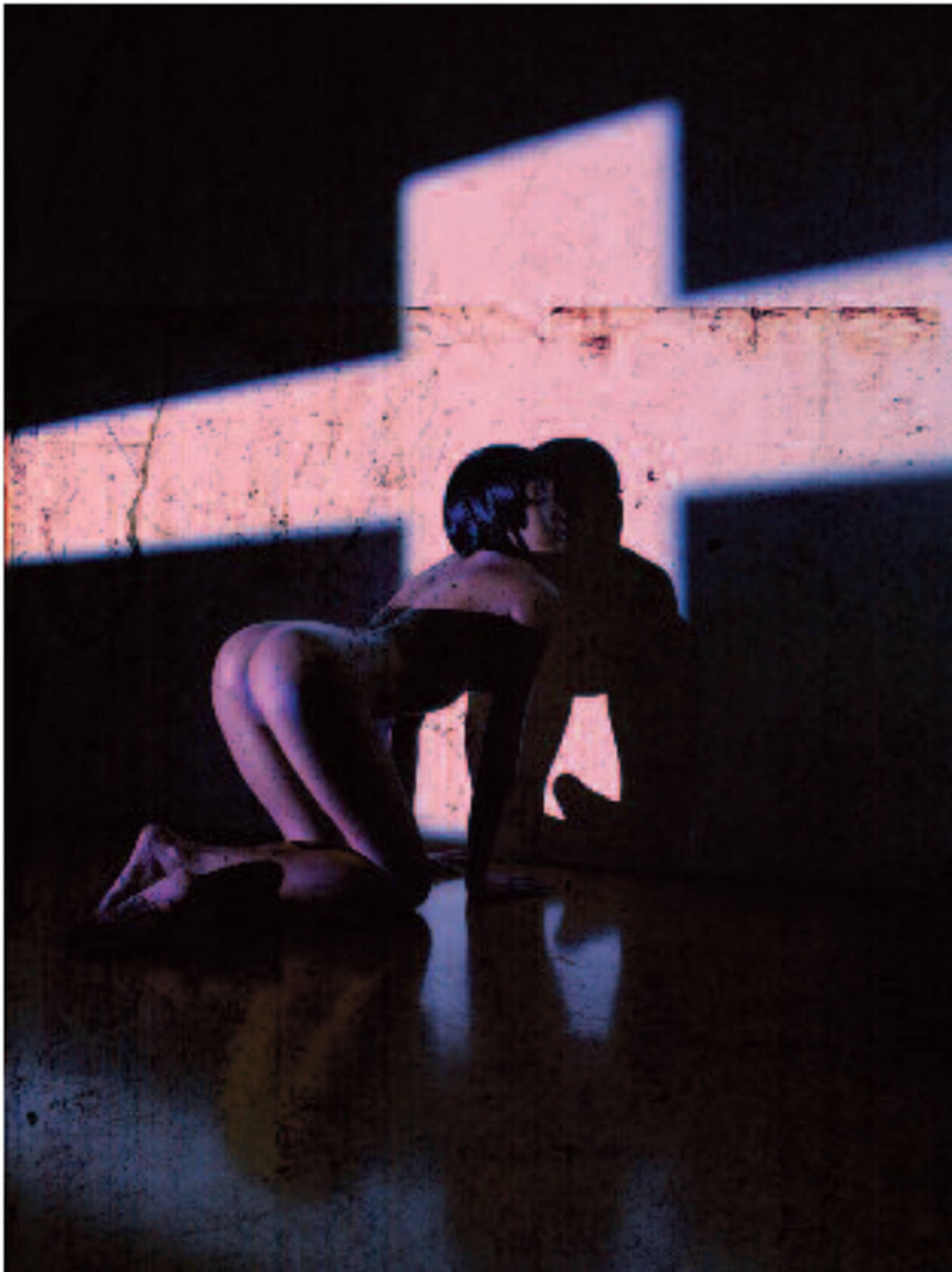 Andreas H. Bitesnich Color Photograph - Erotic Nude 3793 - kneeling with pink light, fine art photography, 2010