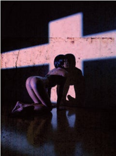 Erotic Nude 3793 - kneeling with pink light, fine art photography, 2010