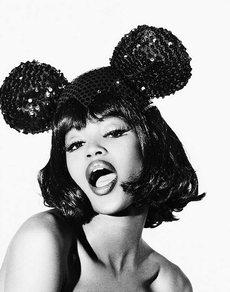 Ellen von Unwerth Black and White Photograph - Naomi Campbell - portrait of the supermodel wearing Mickey Mouse ears