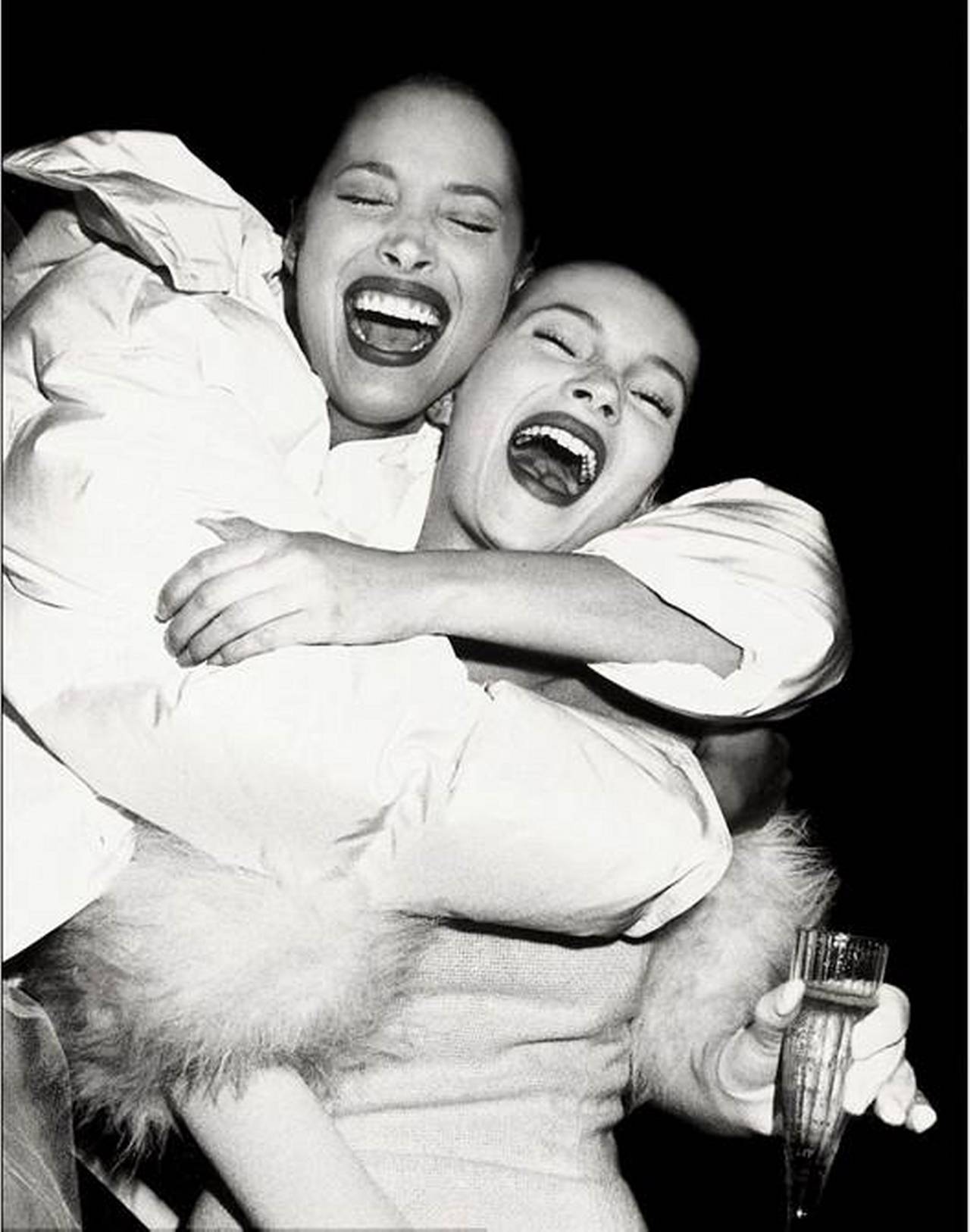 Roxanne Lowit Black and White Photograph - Christy Turlington & Kate Moss at Isaac Mizrahi show, fine art photography, 1994