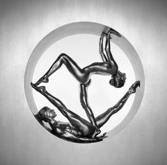 Retro Cassandra & Clytemnestra, acrobatic nude in silver, fine art photography, 1995