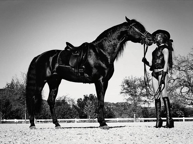 Rosie masked with horse - portrait in lingerie, fine art photography, 2003