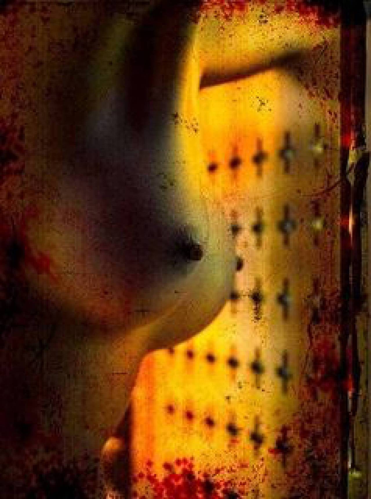 Color Photograph de Andreas H. Bitesnich - Desnudo Erótico 2010 - foto de pechos delante de un fondo amarillo / naranja