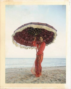 'Leticia H., Bali' - in red under a red parasol, fine art photography, 1993