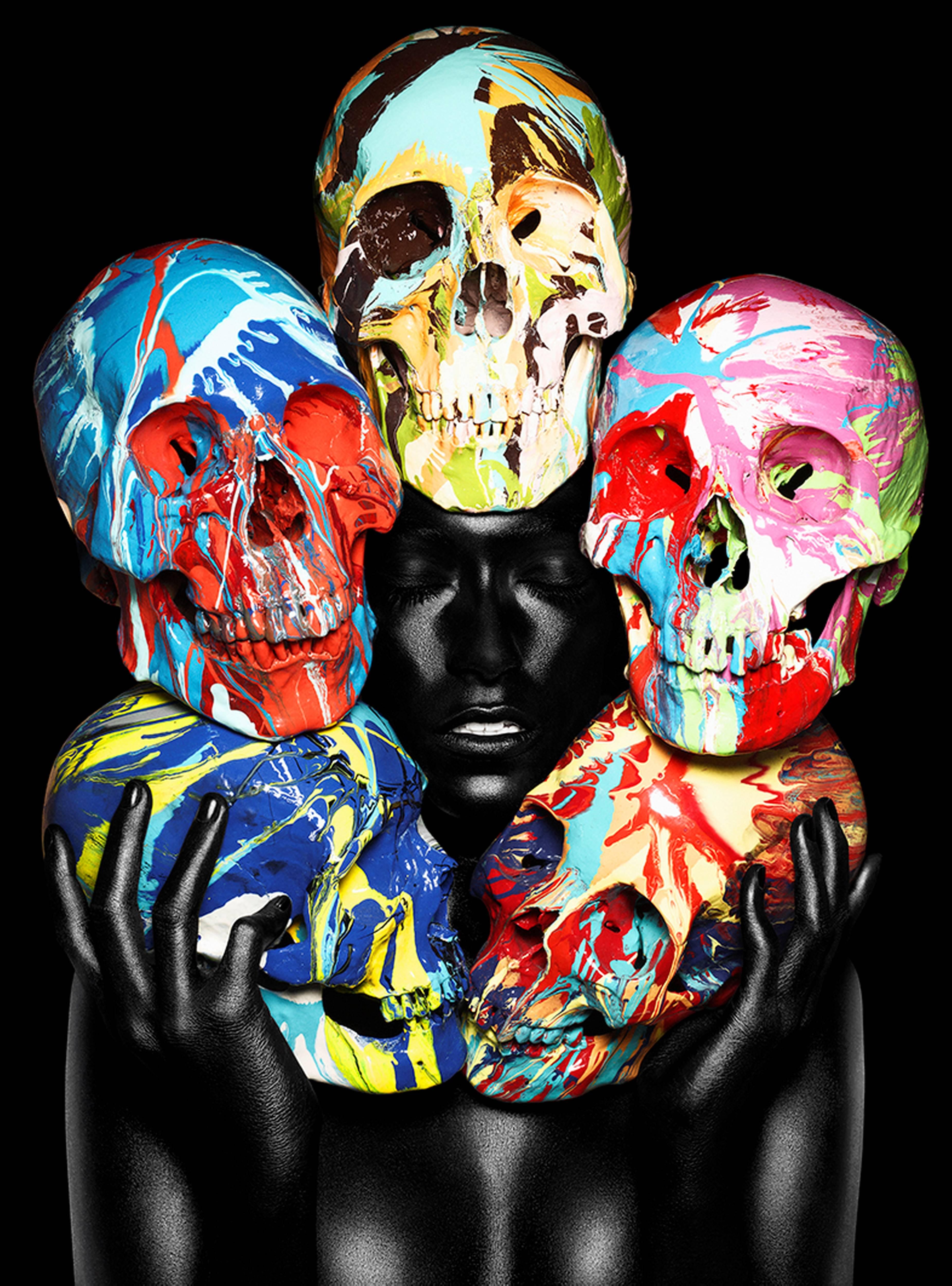 Rankin and Damien Hirst Still-Life Photograph - Painted Skulls - Eyes closed, black and colorful faces naked woman 