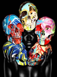 Painted Skulls - Eyes closed, black and colorful faces naked woman 