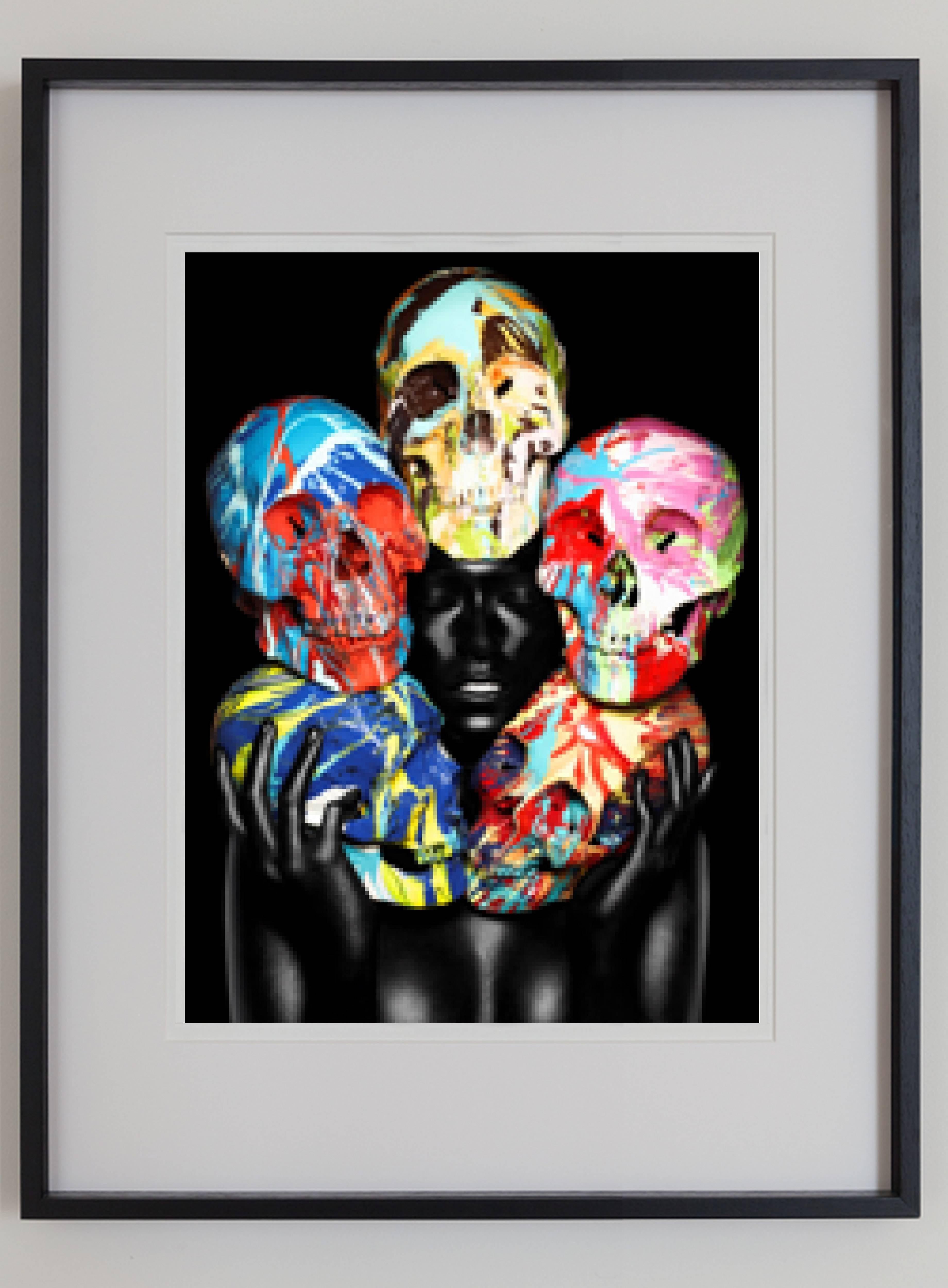 Painted Skulls - Eyes closed, black and colorful faces naked woman  - Photograph by Rankin and Damien Hirst