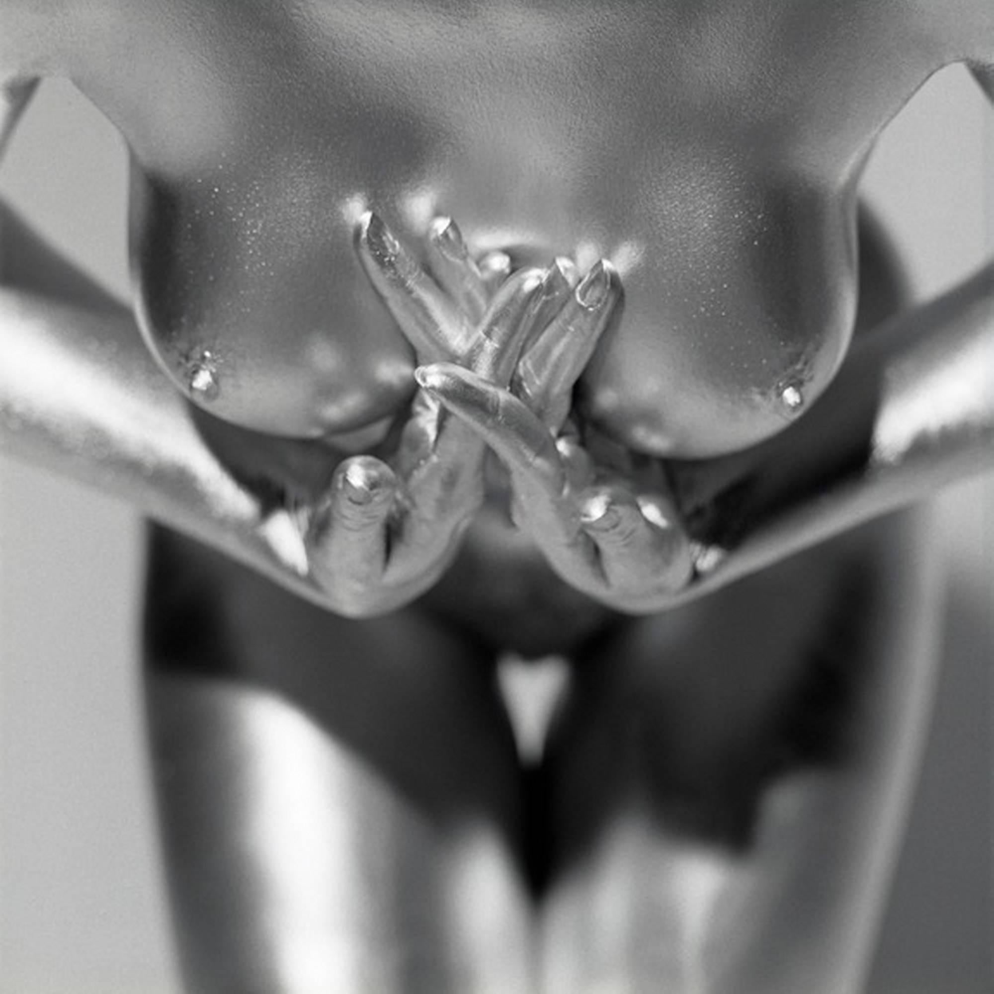 Guido Argentini Color Photograph - Kali - close-up of a model's silver-painted chest, fine art photography, 1995