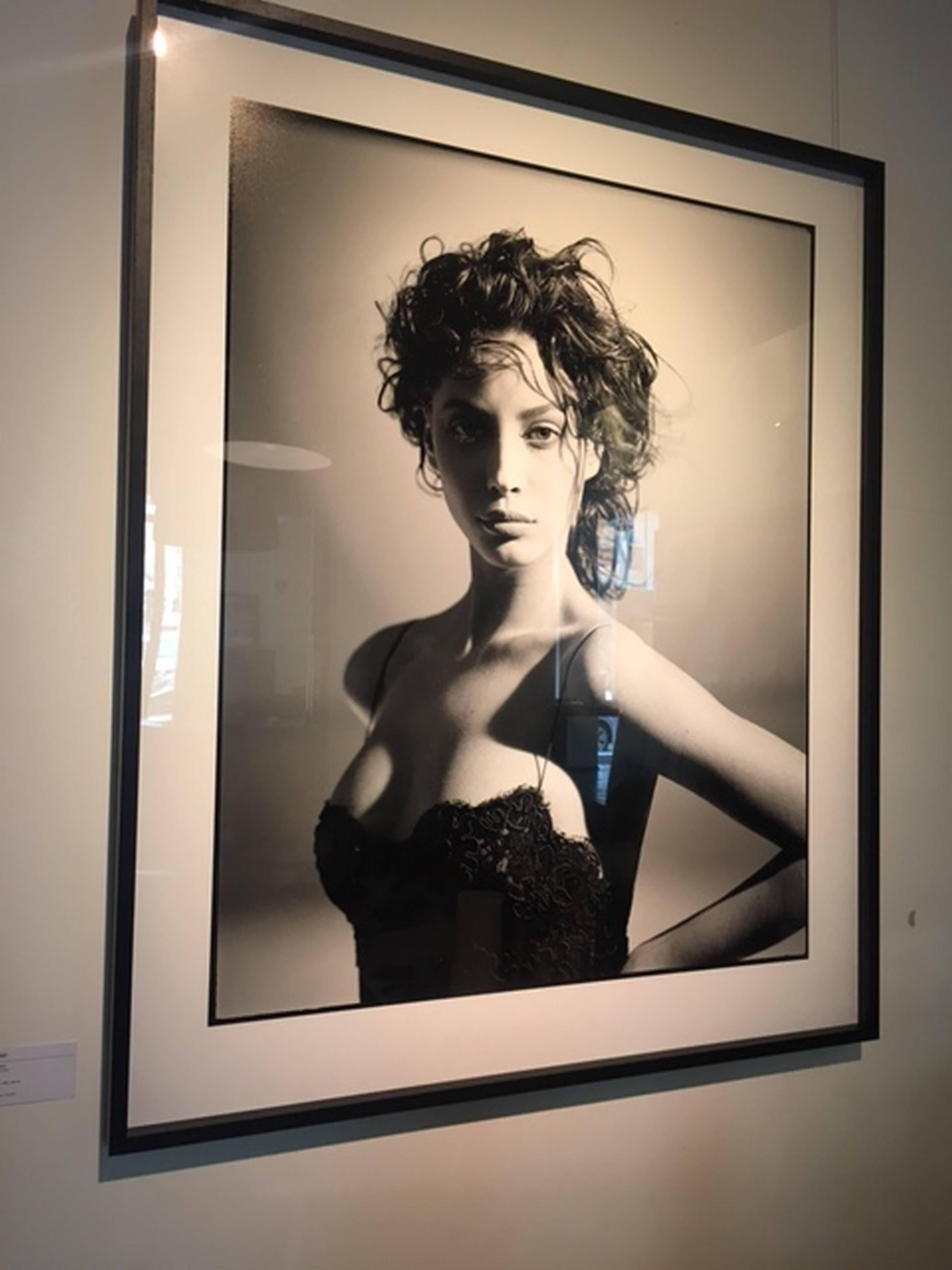 Christy Turlington - b&w portrait in black lace, fine art photography, 1987 - Photograph by Arthur Elgort