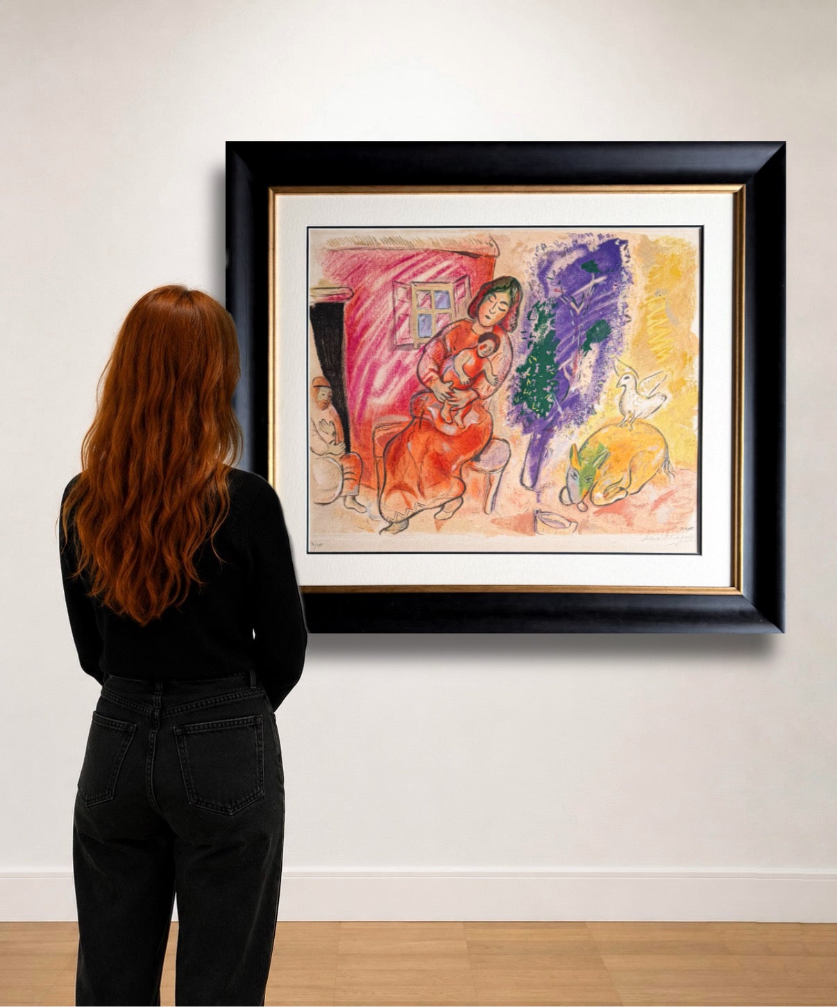 Color lithograph on Arches paper, edited in 1954. 
Limited edition of 300 copies, numbered as 59/300 in lower left corner. 
Hand signed by Marc Chagall in pencil in the lower right corner.
Plate size: 51.5 x 67 cm
Paper size: 59.5 x 78.5 cm 
Framed
